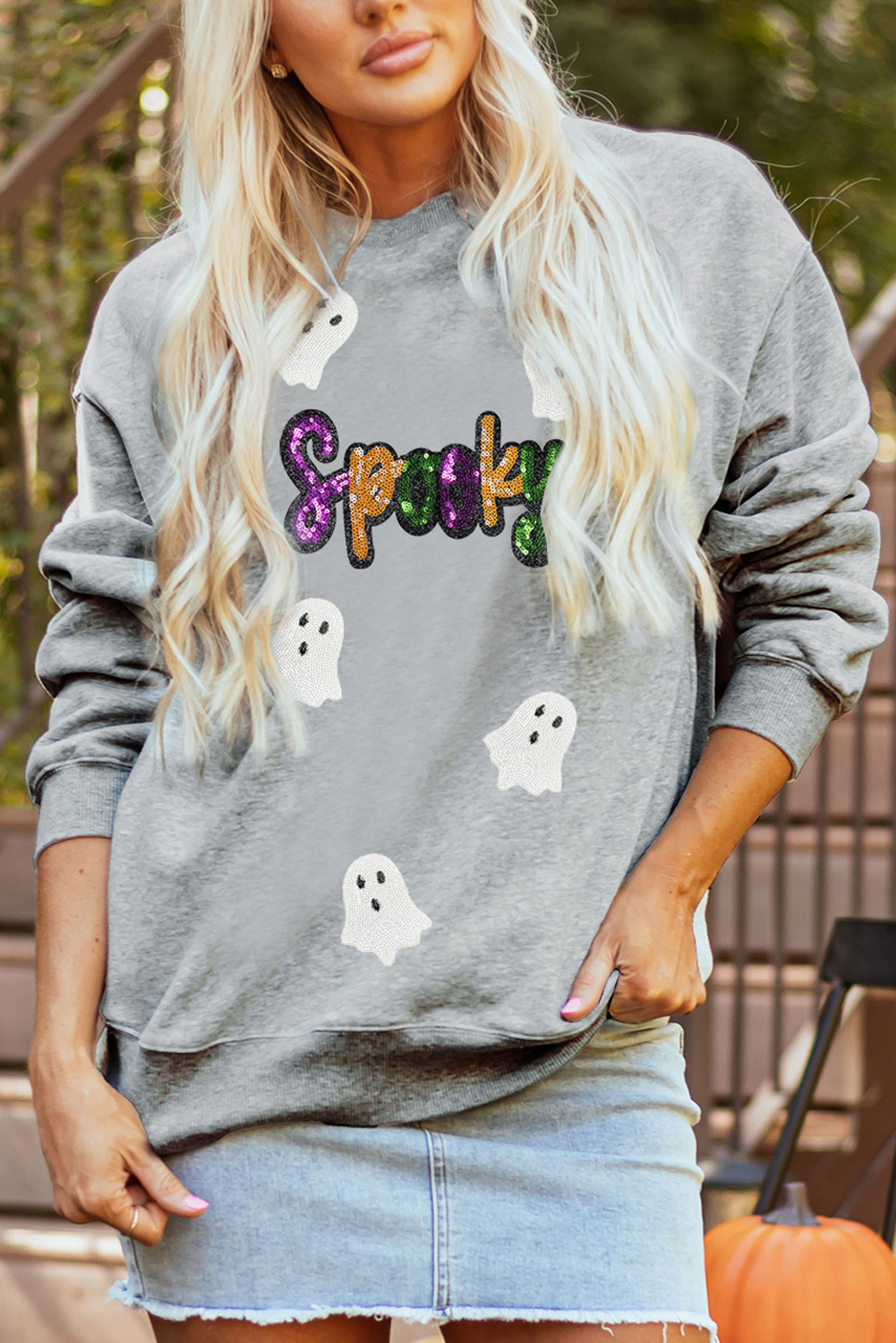 Gray Spooky Halloween Ghost Sequin Patched Sweatshirt - loveforevers