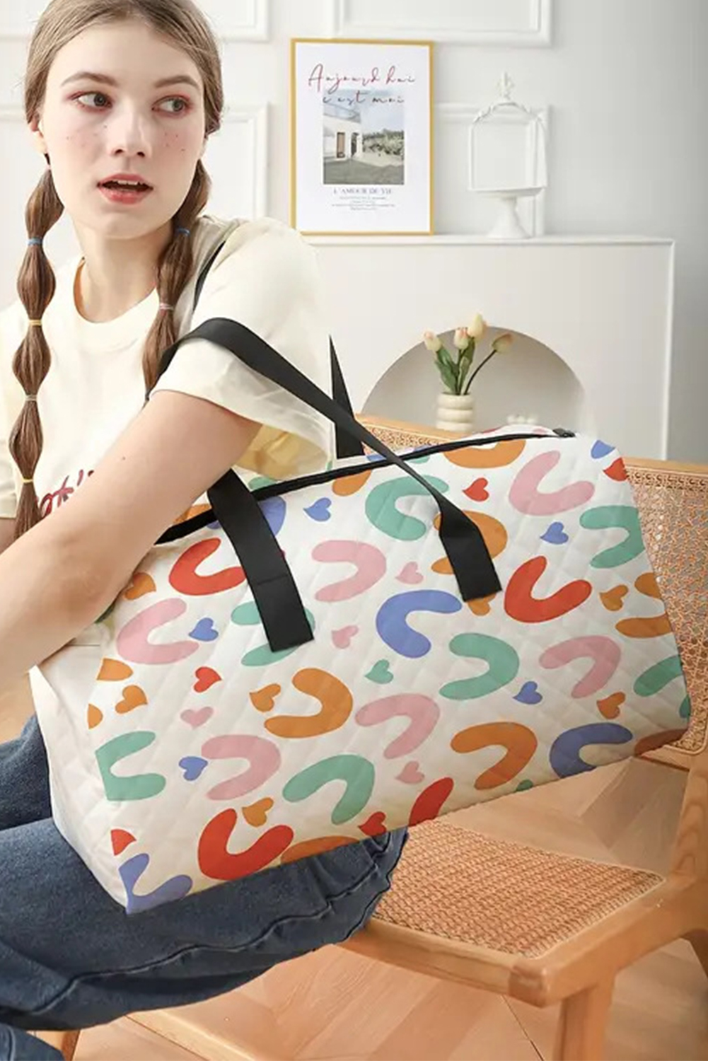 White Heart Shape Print Quilted Zipper Large Duffel Bag - loveforevers