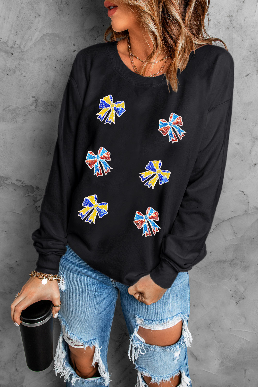 Black Shimmering Bow Patched Pattern Game Day Sweatshirt - loveforevers