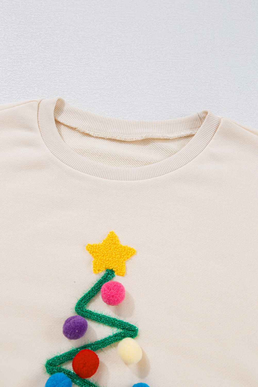 Beige Pom-Pom Christmas Tree Pattern O Neck Sweatshirt - loveforevers