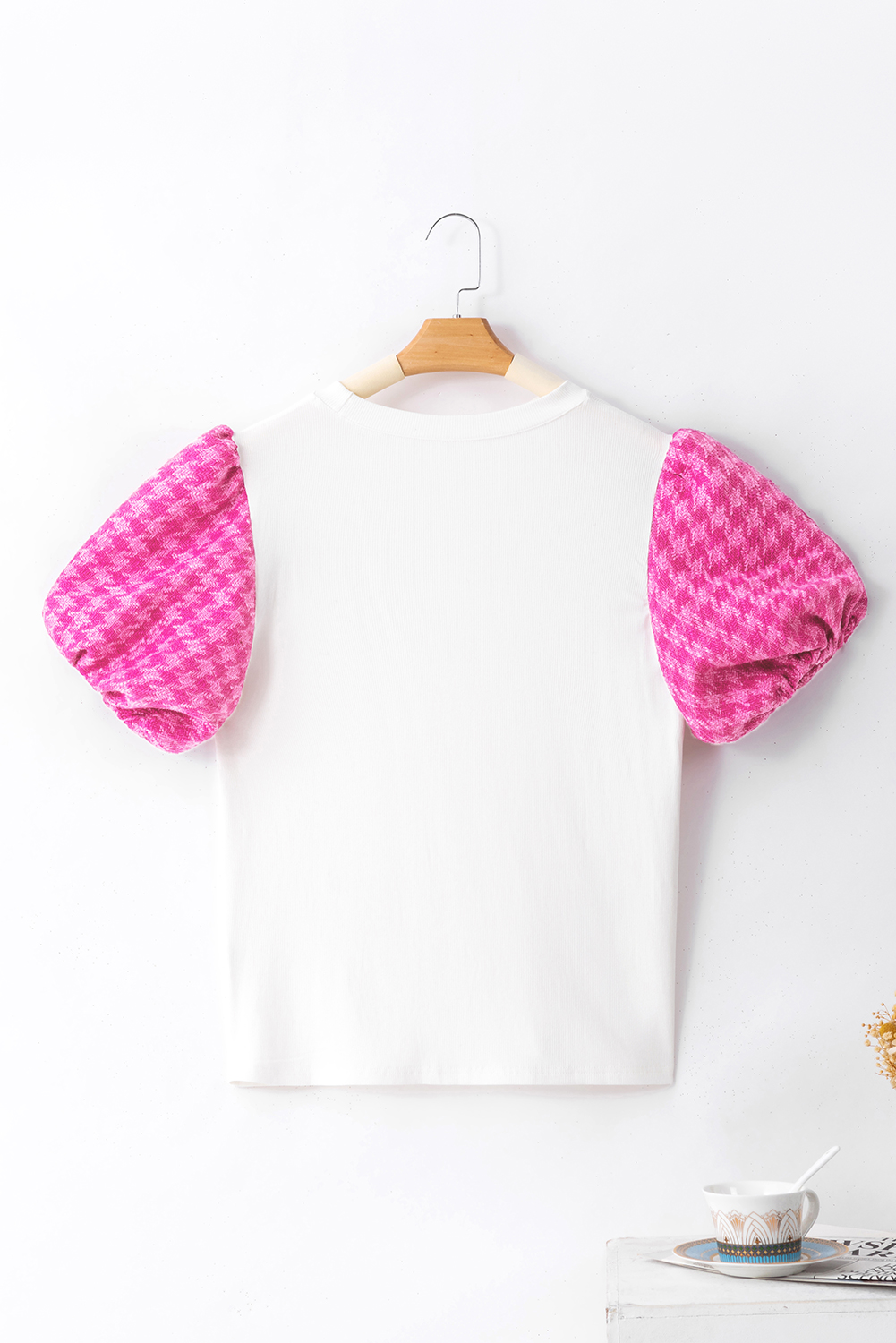 White Contrast Tweed Puff Sleeve Top - loveforevers