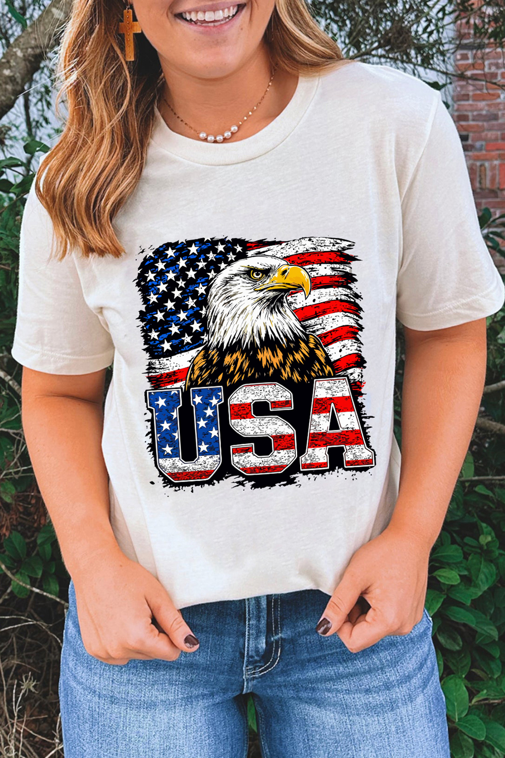 White USA Flag Eagle Graphic 4th July T Shirt - loveforevers
