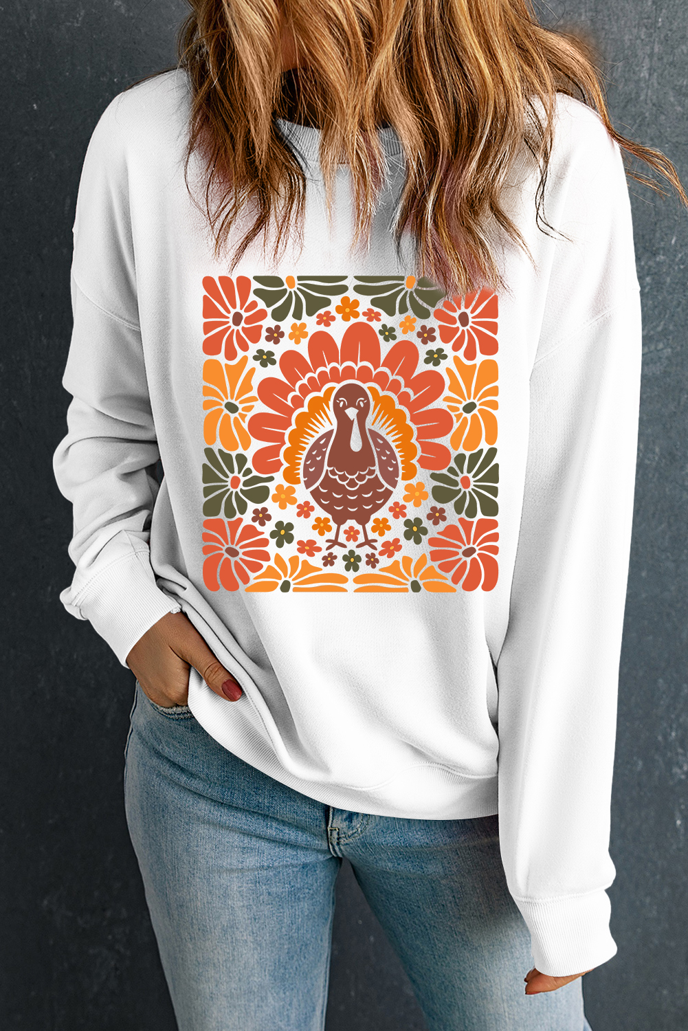 White Thanksgiving Turkey Graphic Holiday Crew Neck Sweatshirt - loveforevers