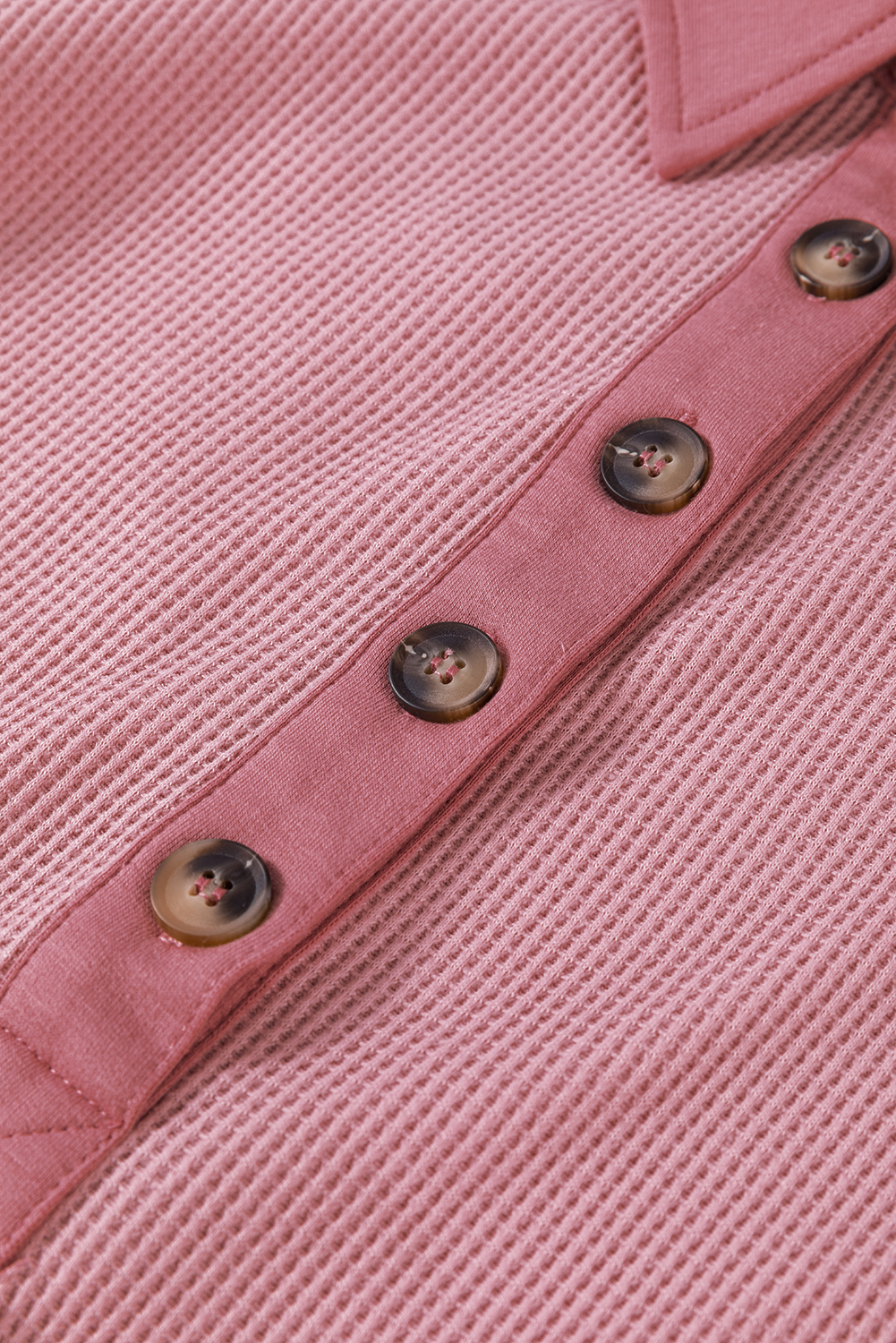 Pink Waffle Long Sleeve Collar Half Button Loose Top - loveforevers