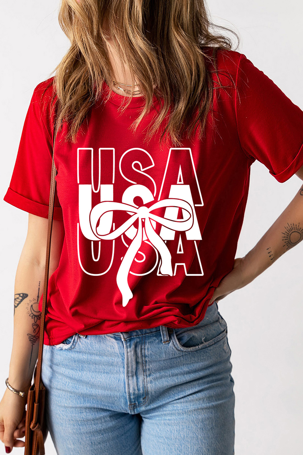 Red USA Bow Printed Casual Cotton Blend T Shirt - loveforevers