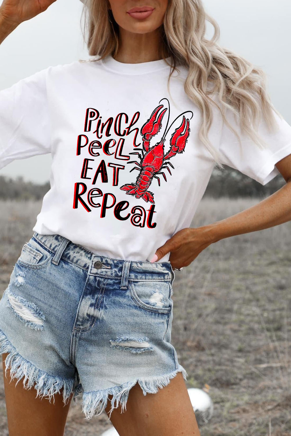 White Pinch Peel Eat Repeat Crawfish Print Crew Neck Tee - loveforevers