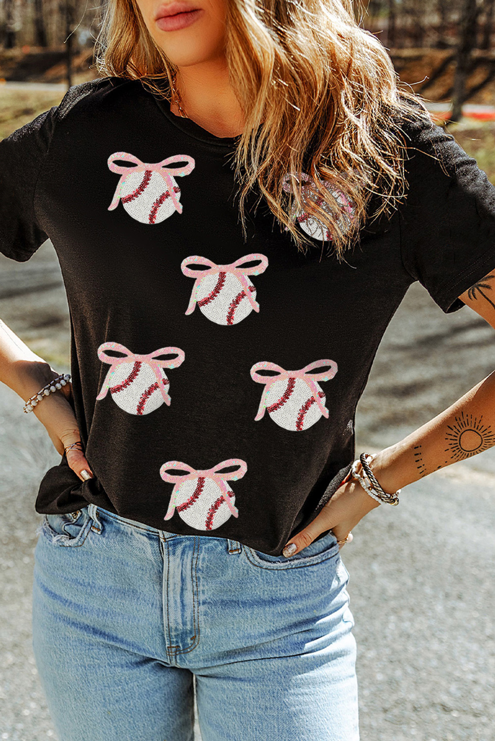 Black Shimmering Sequin Bow Ball Patterned Game Day Casual Tee - loveforevers