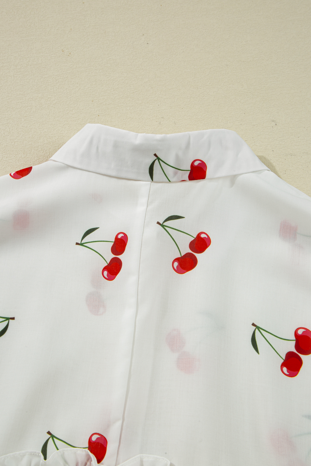White Cherry Print Flounce Sleeve Collared Frilled Babydoll Blouse - loveforevers