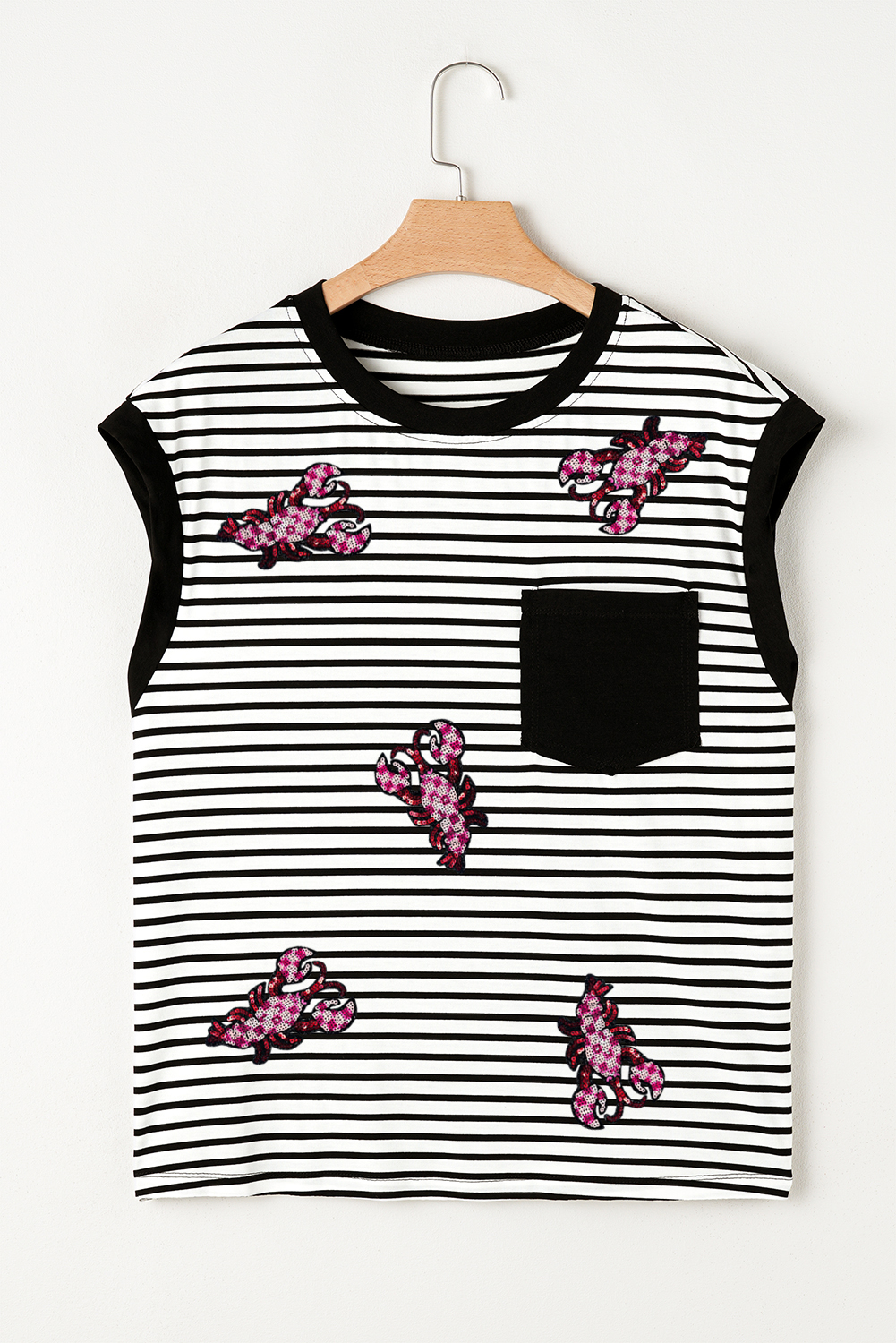 Black Stripe Sequined Lobster Patched Pocket Casual Tank Top - loveforevers