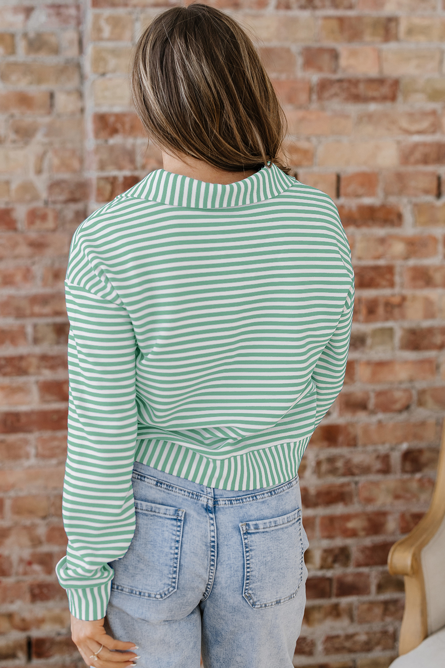 Green Stripe Quarter Zip Collar Pullover Long Sleeve Top - loveforevers