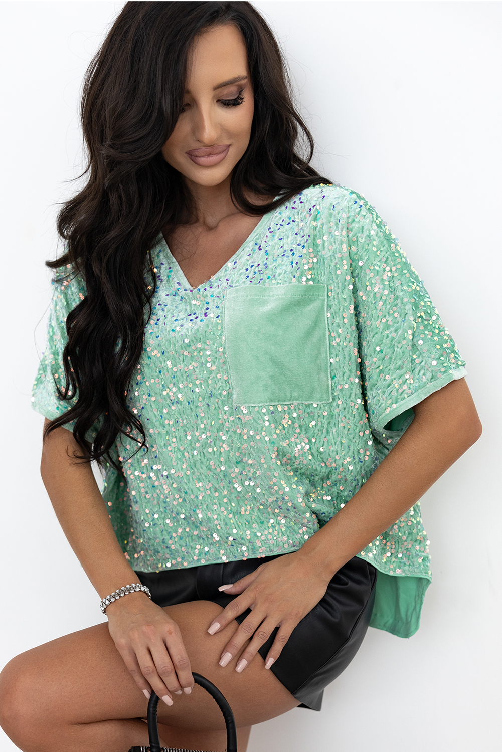 Moonlight Jade Sequin Batwing Sleeve V Neck Velvet Blouse - loveforevers