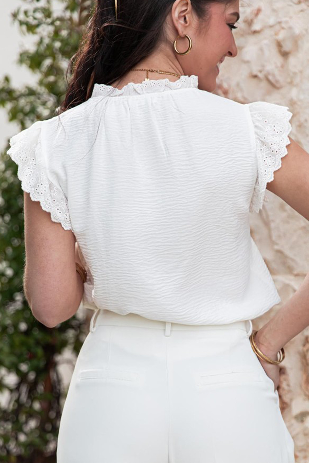 White Embroidered Ruffle Trim Textured Blouse - loveforevers