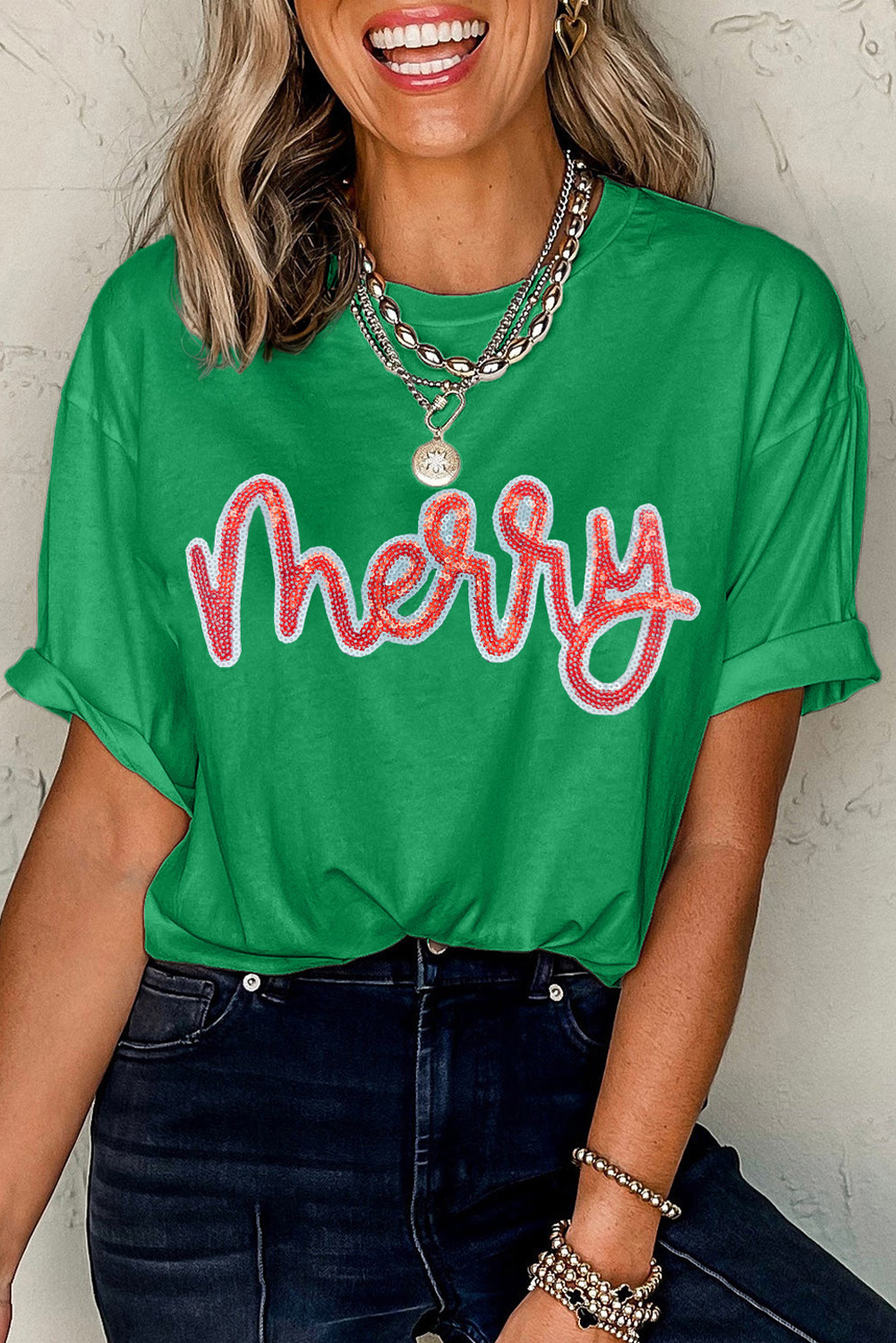 Bright Green merry Sequin Letter Graphic Cotton Blend Tee - loveforevers
