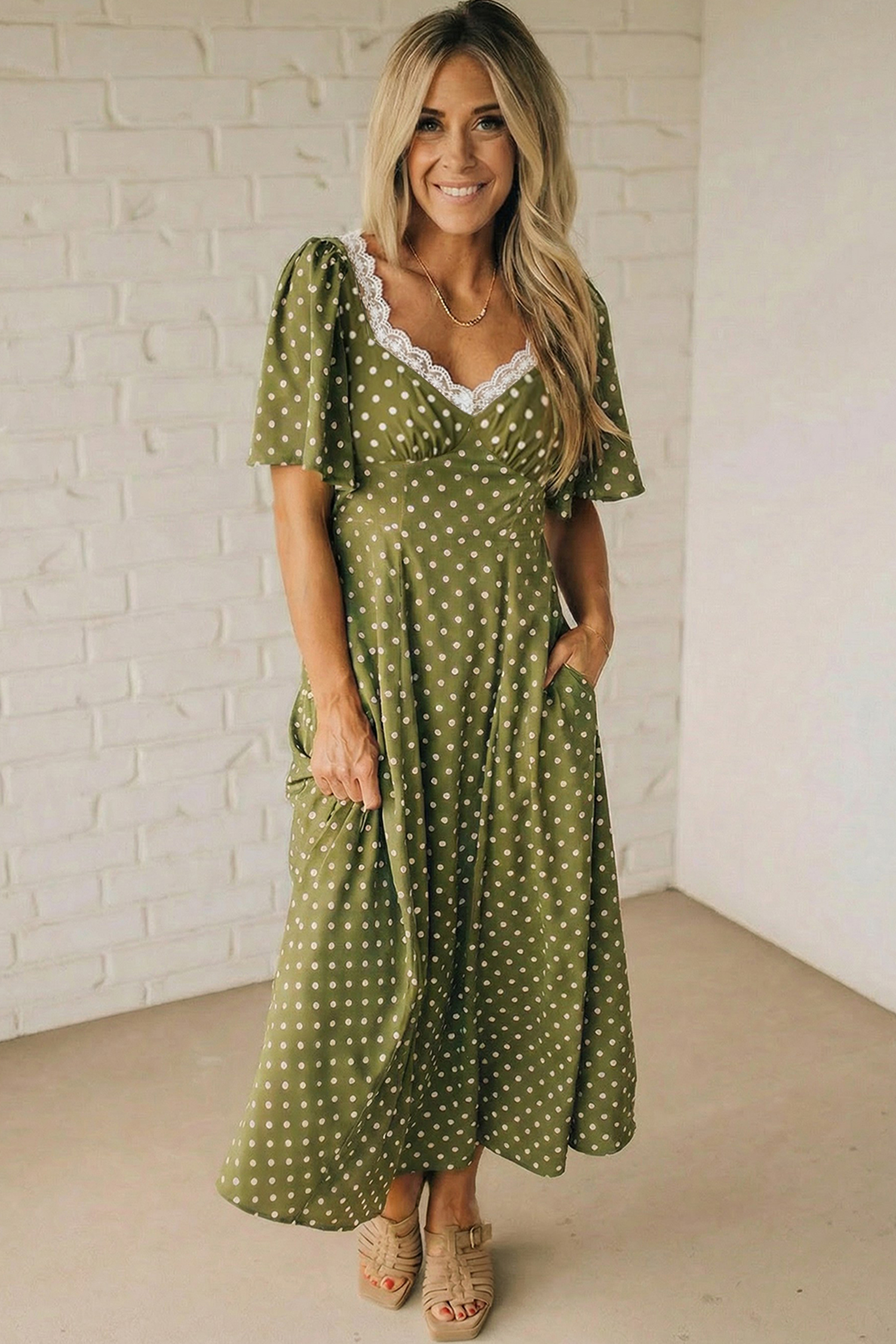 Green Polka Dot Print Lacy Neckline Smocked High Waist Maxi Dress - loveforevers