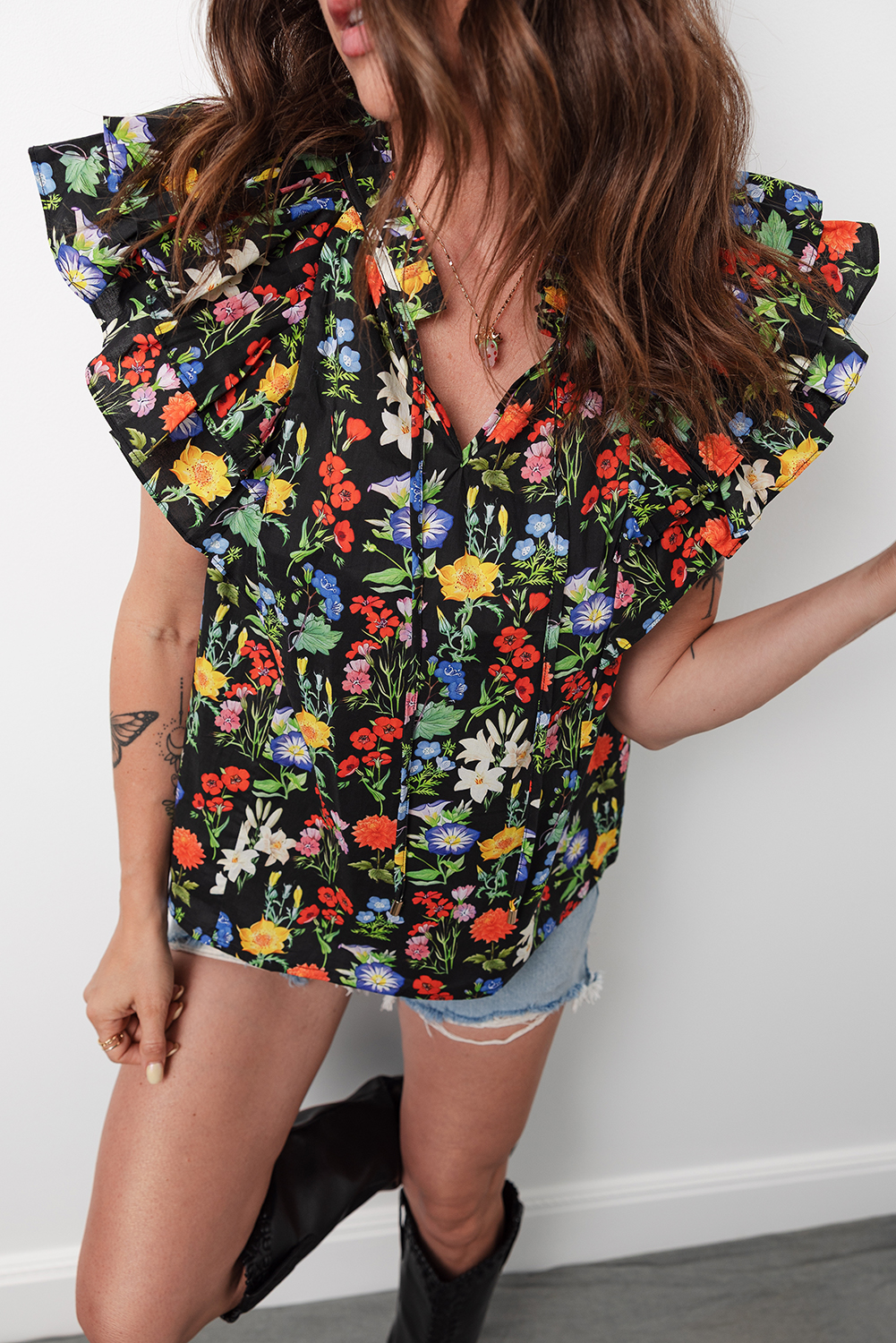 Black Tiered Flutter Sleeve V Neck Flower Blouse - loveforevers