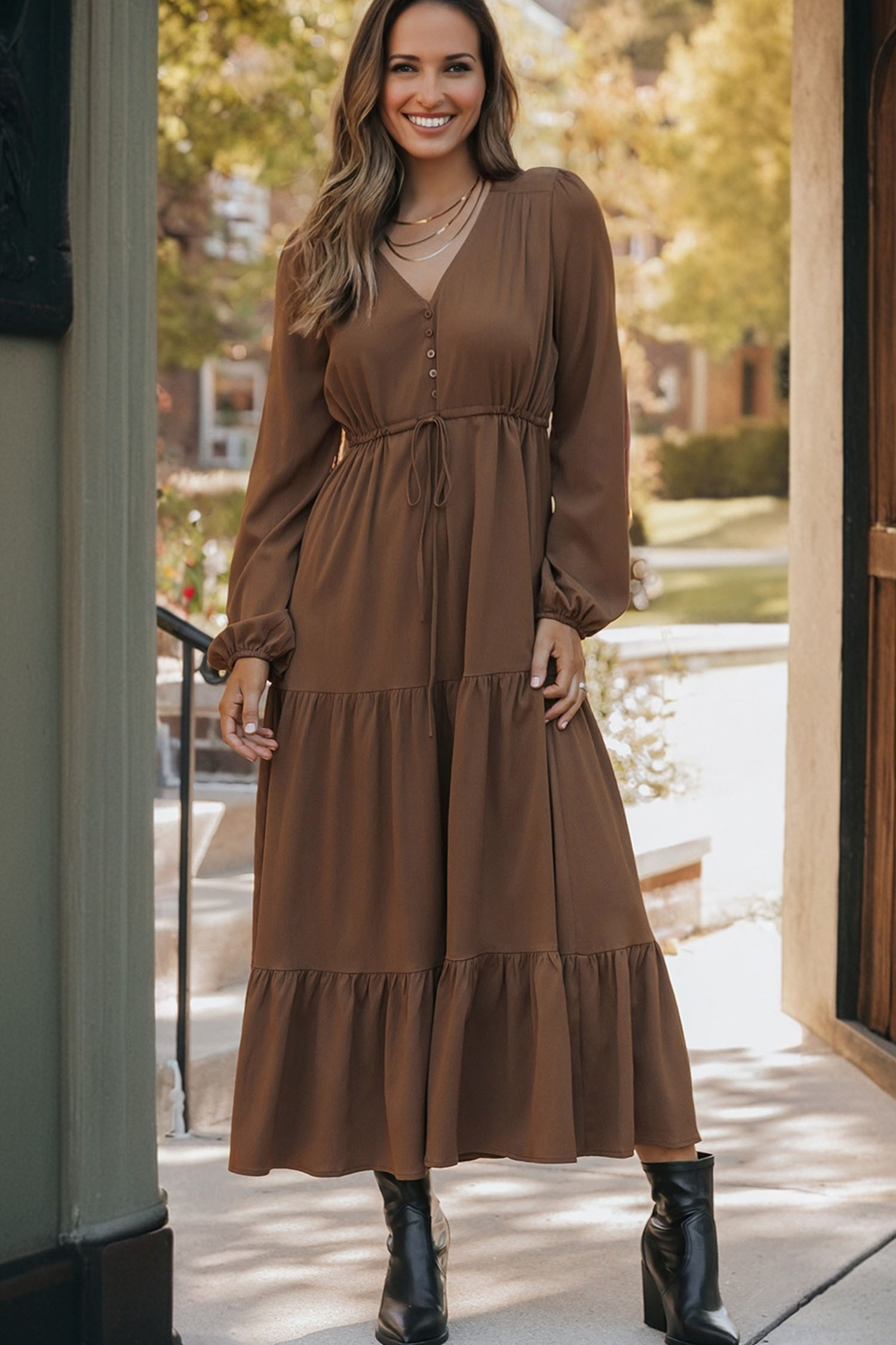 Blackish Green Solid Long Sleeve Button V Neck Tiered Maxi Dress - loveforevers