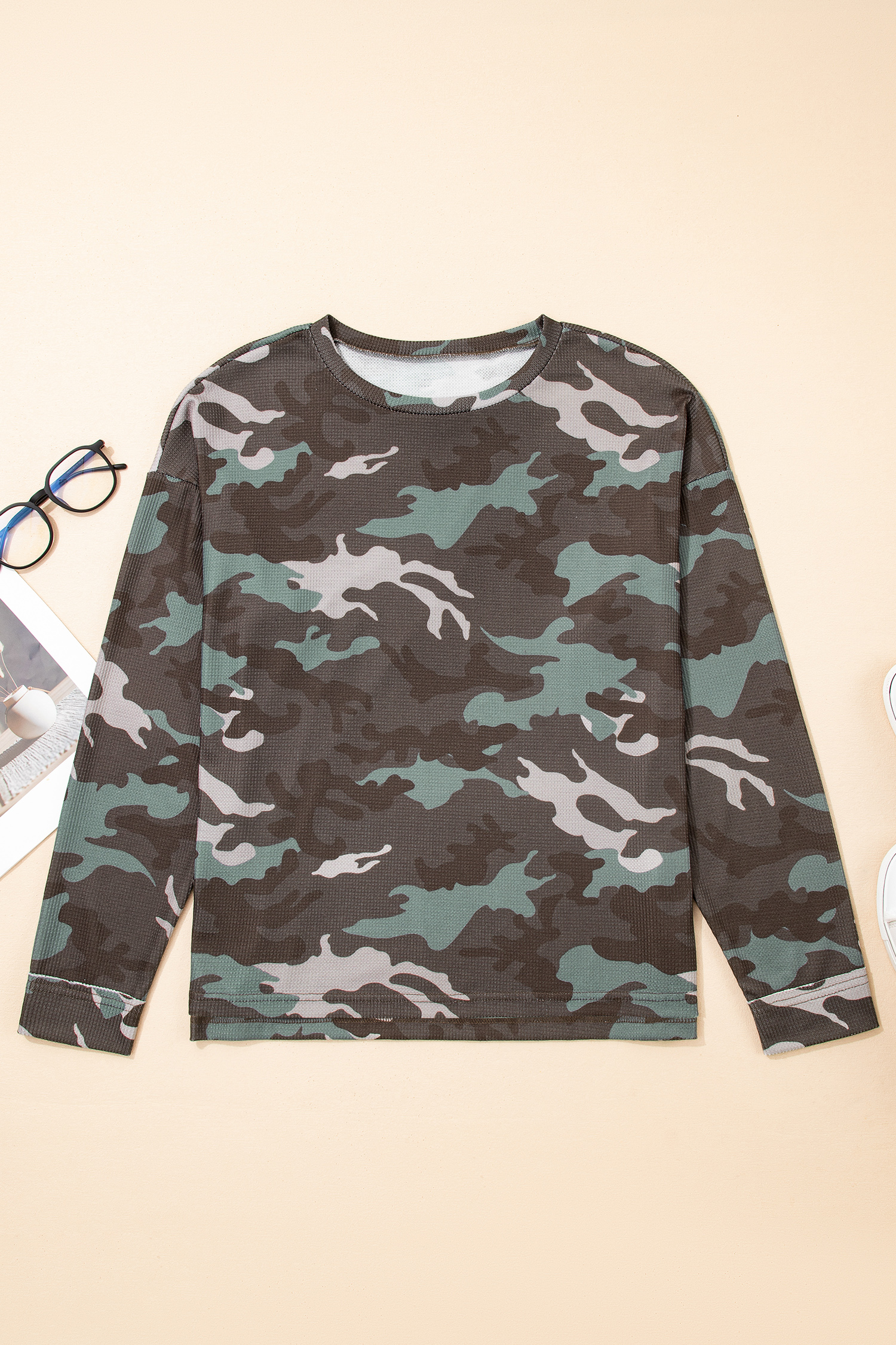 Green Camouflage Print Textured Drop Shoulder Long Sleeve Top - loveforevers