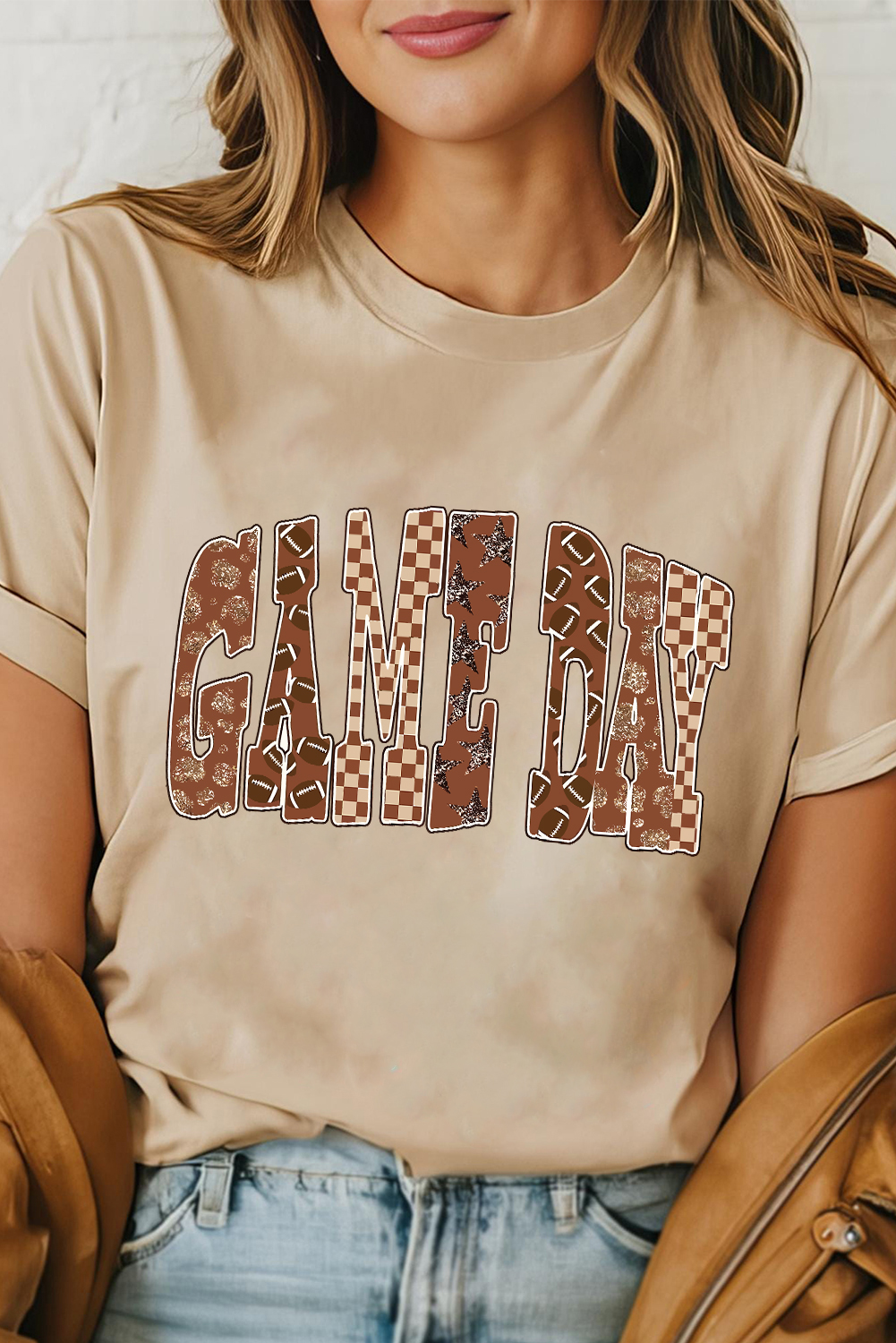 Khaki GAME DAY Rugby Checkered Letter Graphic T Shirt - loveforevers