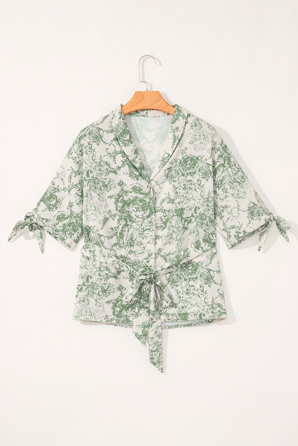 Green Landscape Print Tied 3/4 Sleeve Shirt with Sash - loveforevers