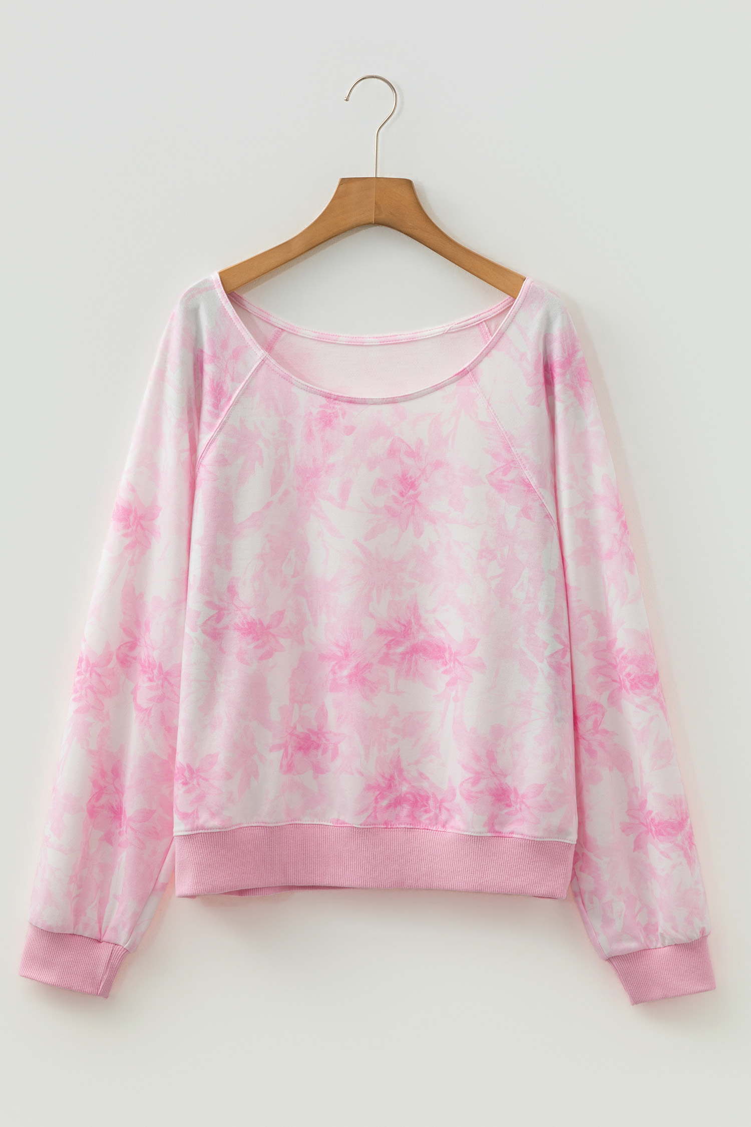 Pink Abstract Woodland Print Asymmetric Shoulder Long Sleeve Top - loveforevers