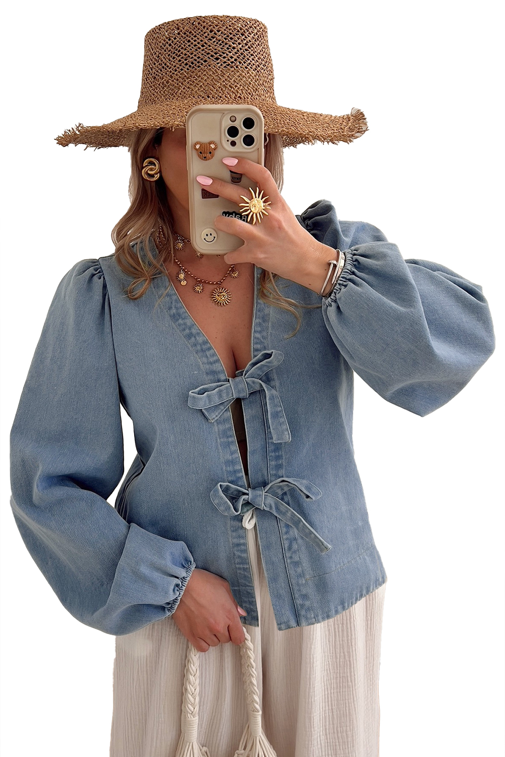 Dusk Blue Tied Front Long Puff Sleeve Denim Top - loveforevers