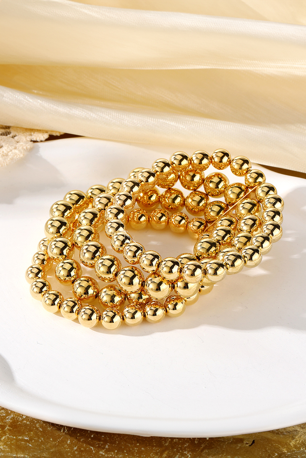 Gold Multi Layered Plated Alloy Beaded Elastic Bracelet - loveforevers