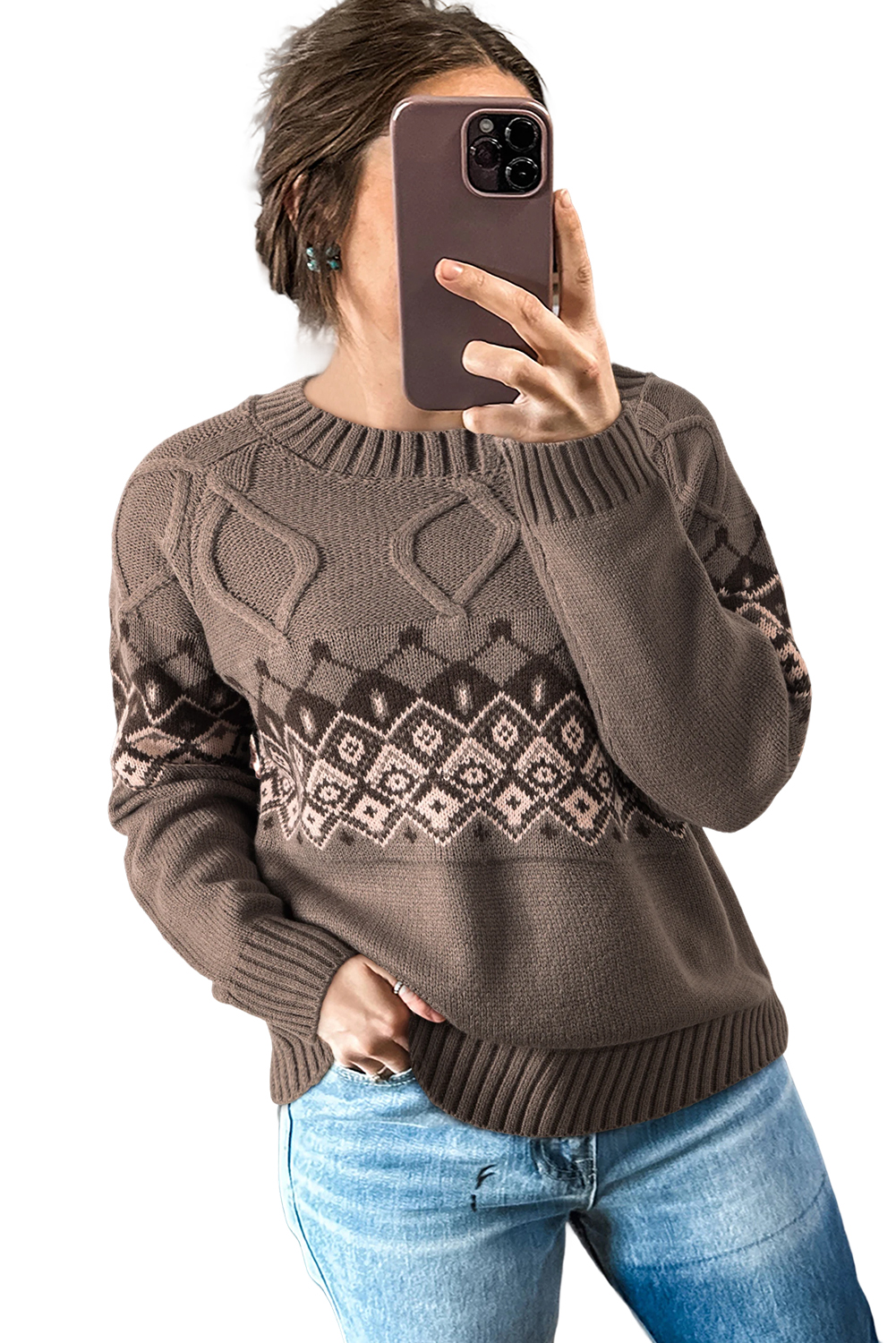 Light French Beige Western Geometric Patterned Crew Neck Knitted Sweater - loveforevers