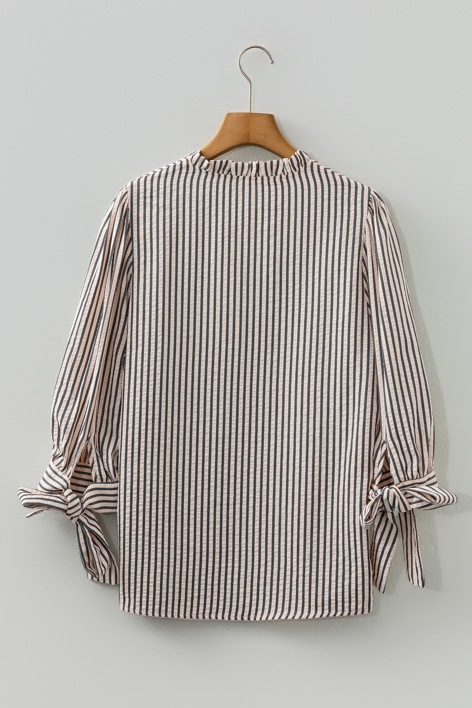 Black Stripe Knotted Cuff Long Sleeve V Neck Blouse - loveforevers