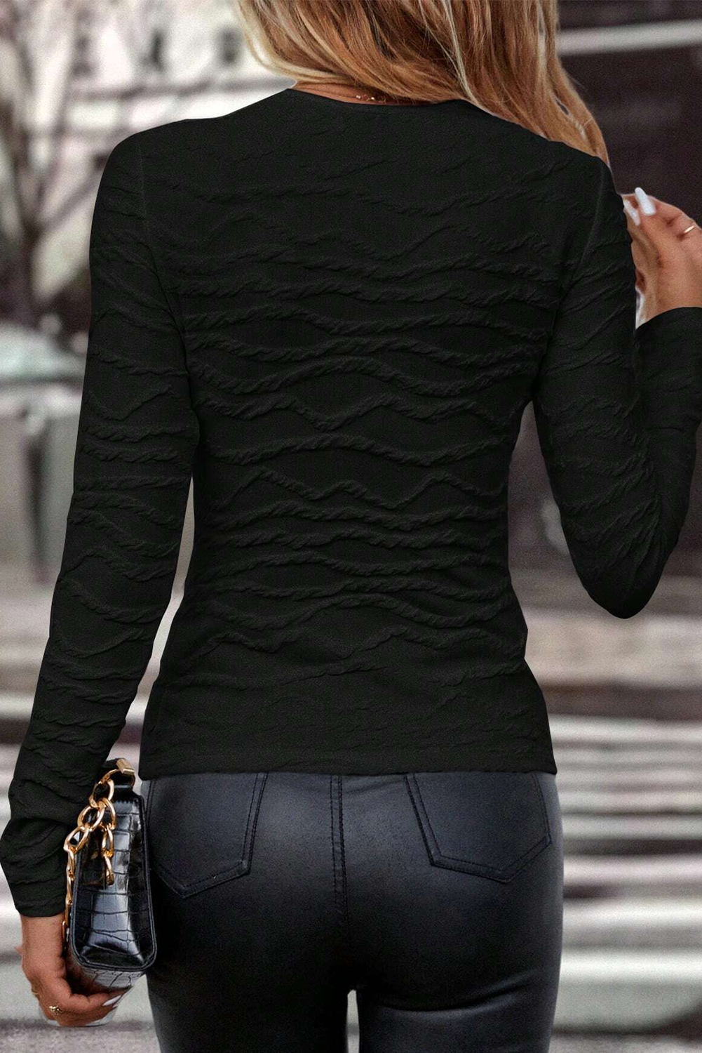 Black Solid Wavy Textured Slim Fit Long Sleeve T Shirt - loveforevers