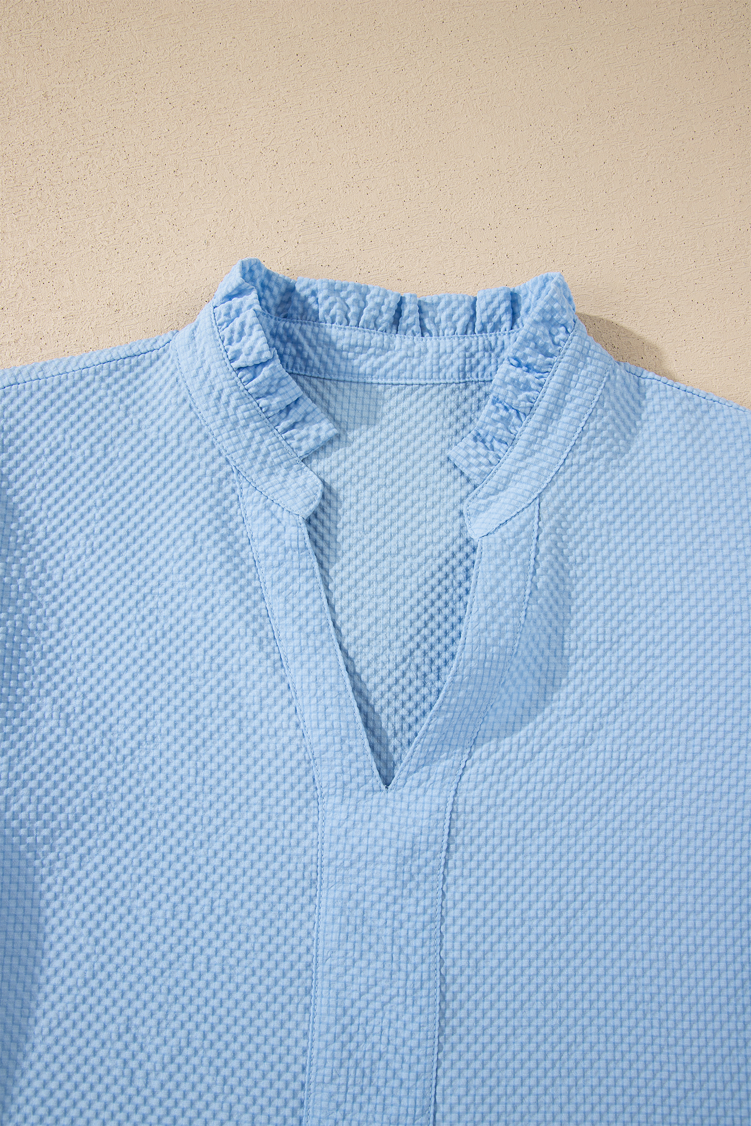 Beau Blue Flower Embroidered Puff Sleeve Split Neck Textured Blouse - loveforevers
