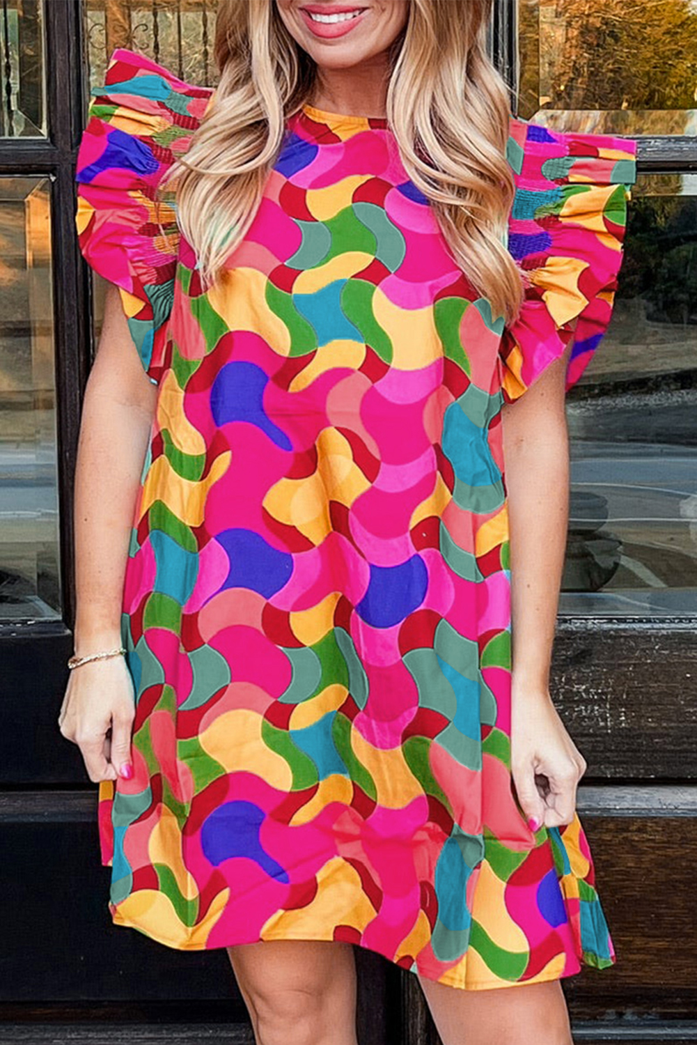 Rose Red Dramatic Ruffle Sleeve Smock Neck Wavy Print Top - loveforevers