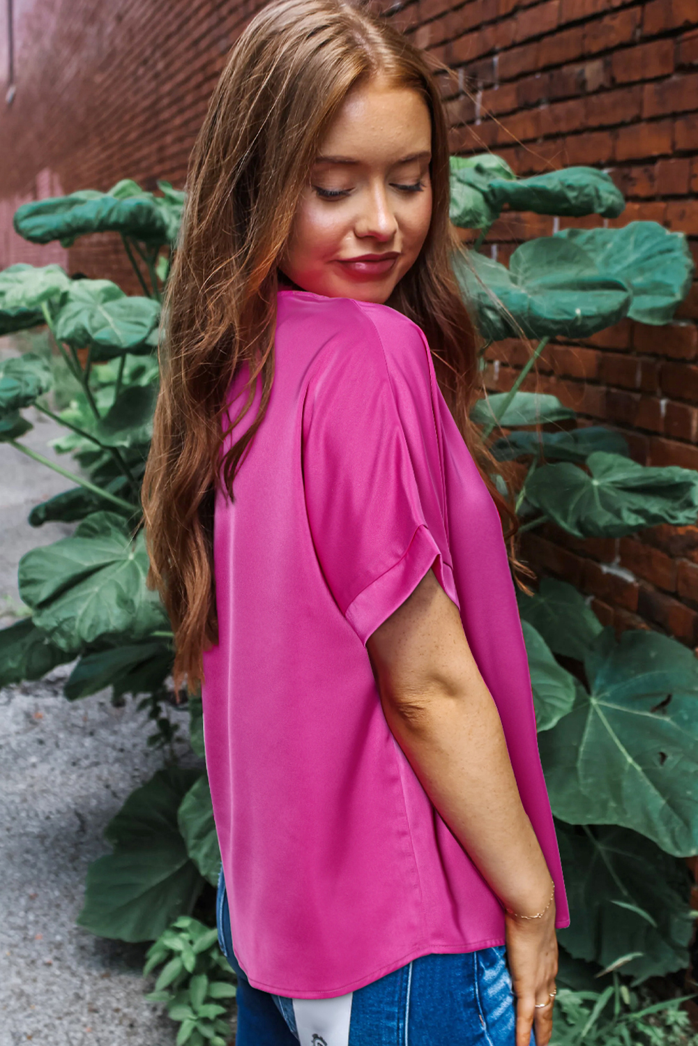 Bright Pink Silky V Neck Dolman Blouse - loveforevers