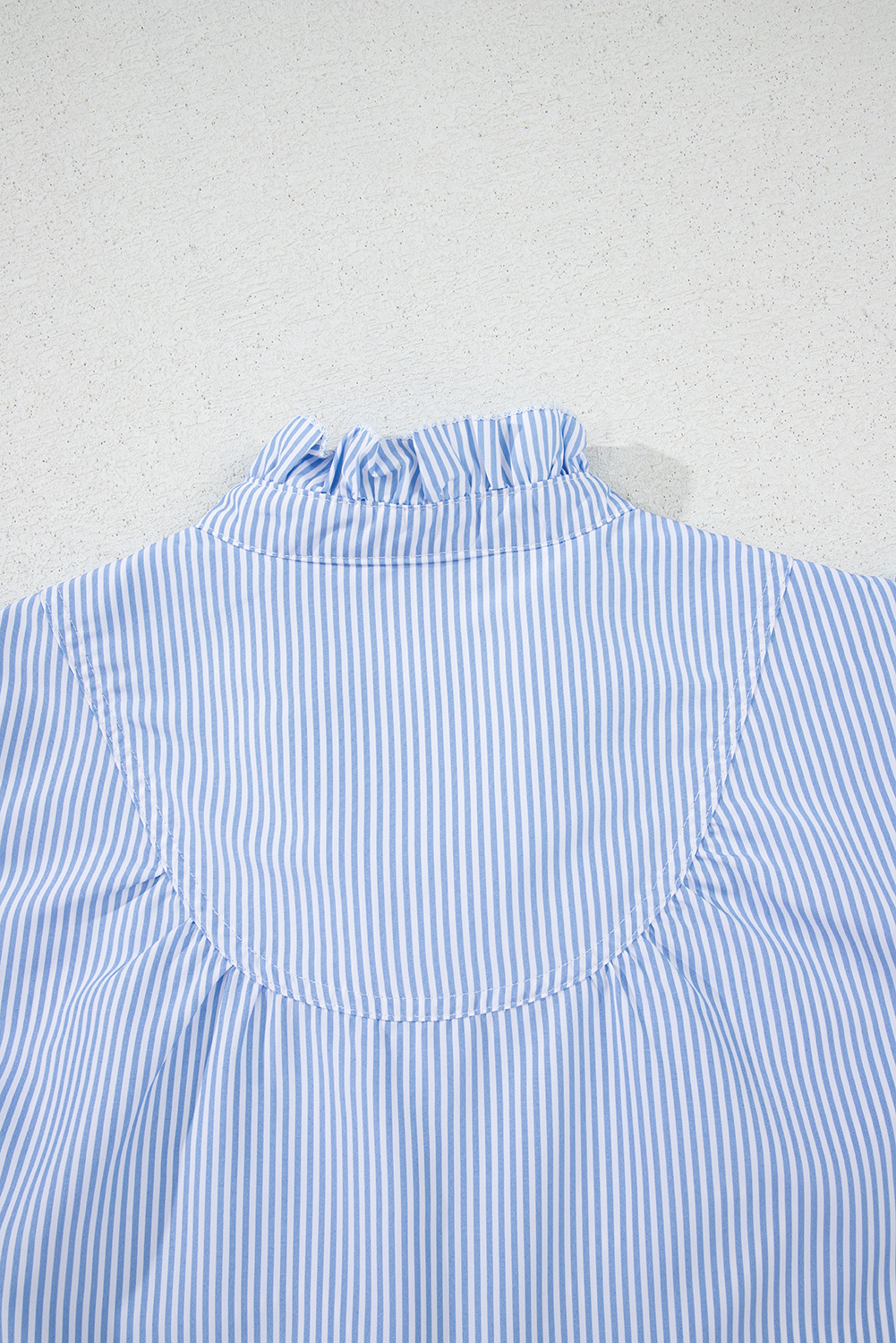 Sky Blue Stripe Ruffled Collar Puff Sleeve Half Buttons Blouse - loveforevers