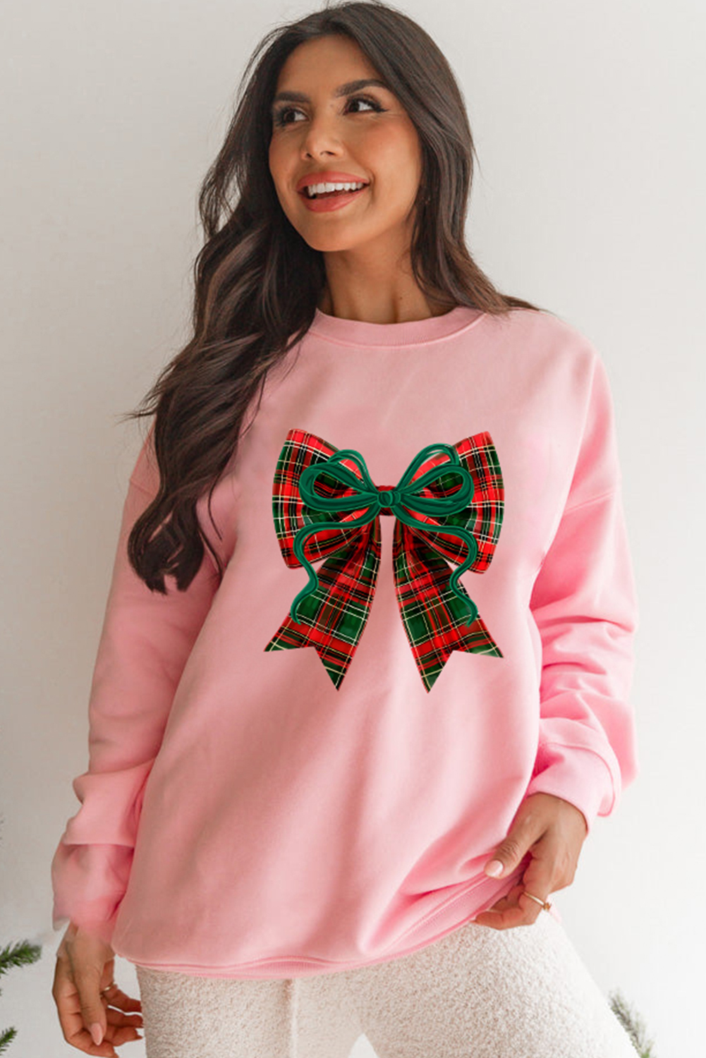Pink Plaid Bow Christmas Vibe Print Sweatshirt - loveforevers