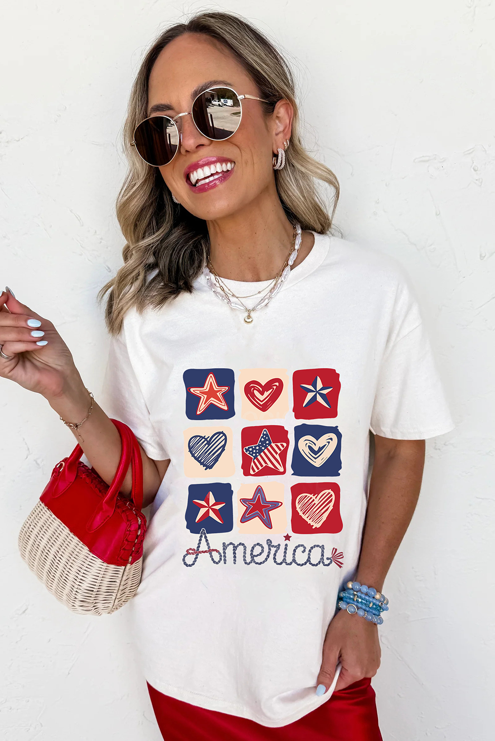 White American Heart Star Checkered Graphic Tee - loveforevers