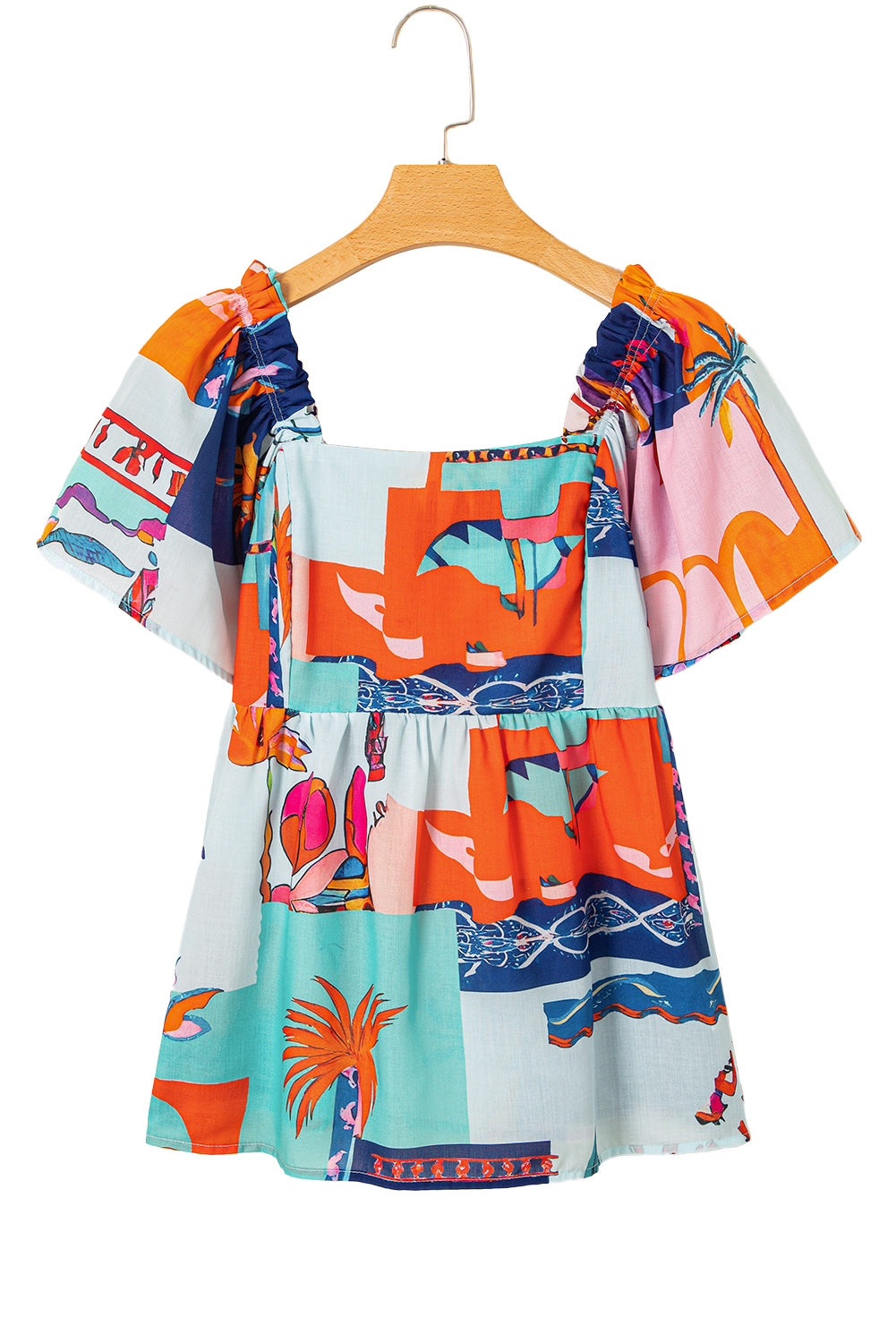 Sky Blue Tropical Printed Square Neck Flutter Sleeve Babydoll Blouse - loveforevers