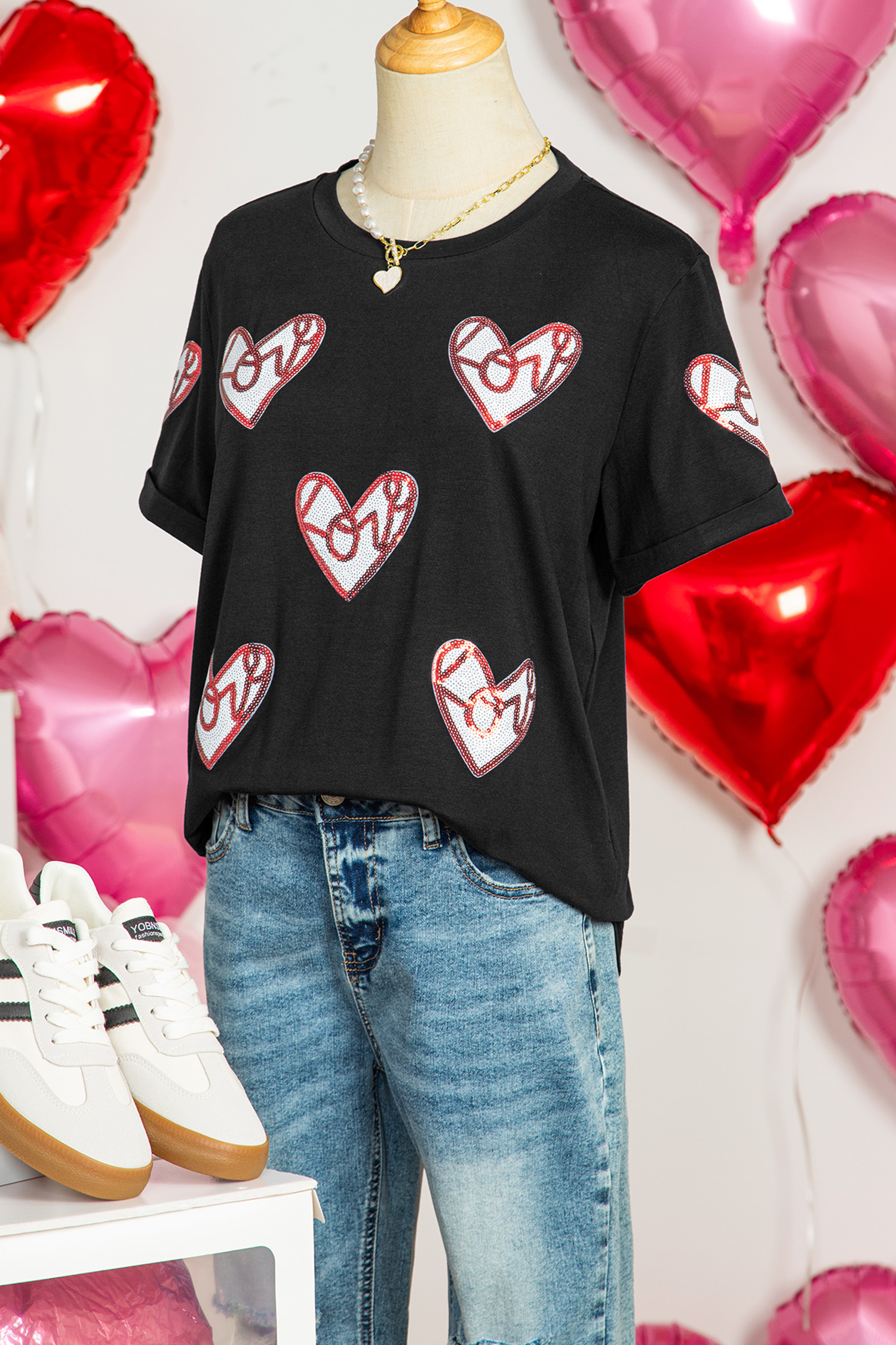 Black Sequin Heart Patched Valentines Day Fashion Graphic Tee - loveforevers