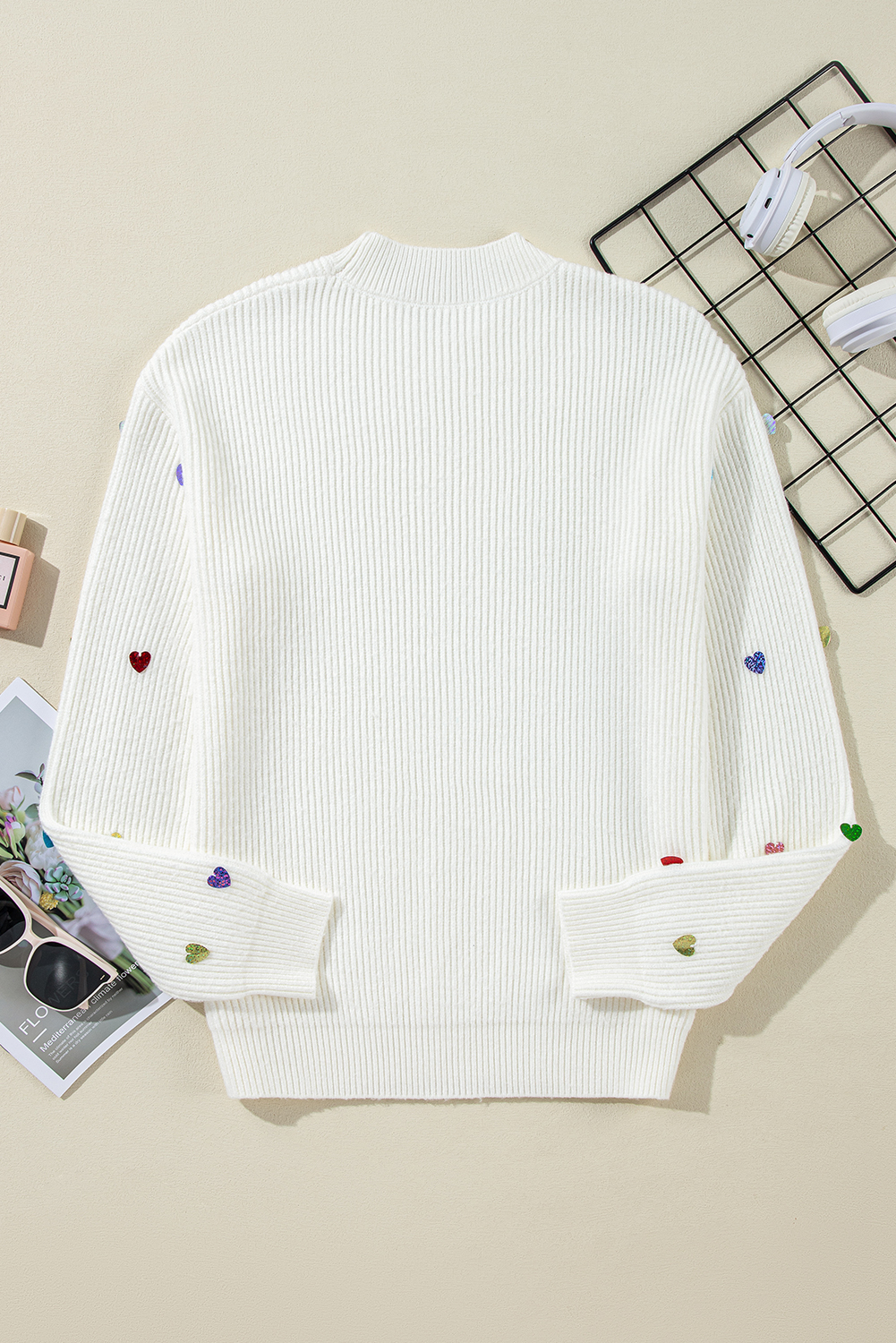 Beige Sequin Heart Shape Waffle Knit Round Neck Sweater - loveforevers