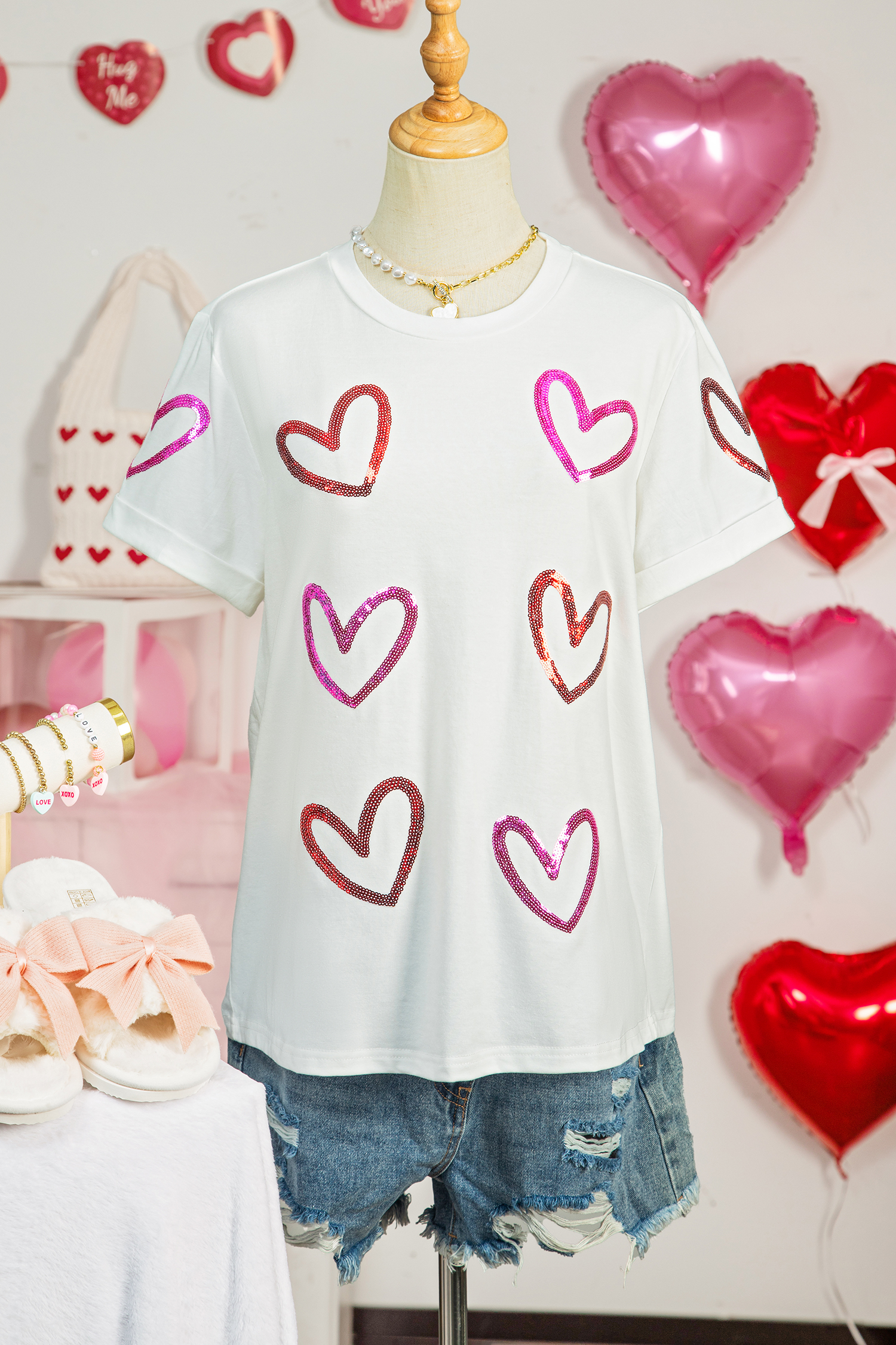White Sequin Heart Sketch Graphic Womens Casual Tee - loveforevers
