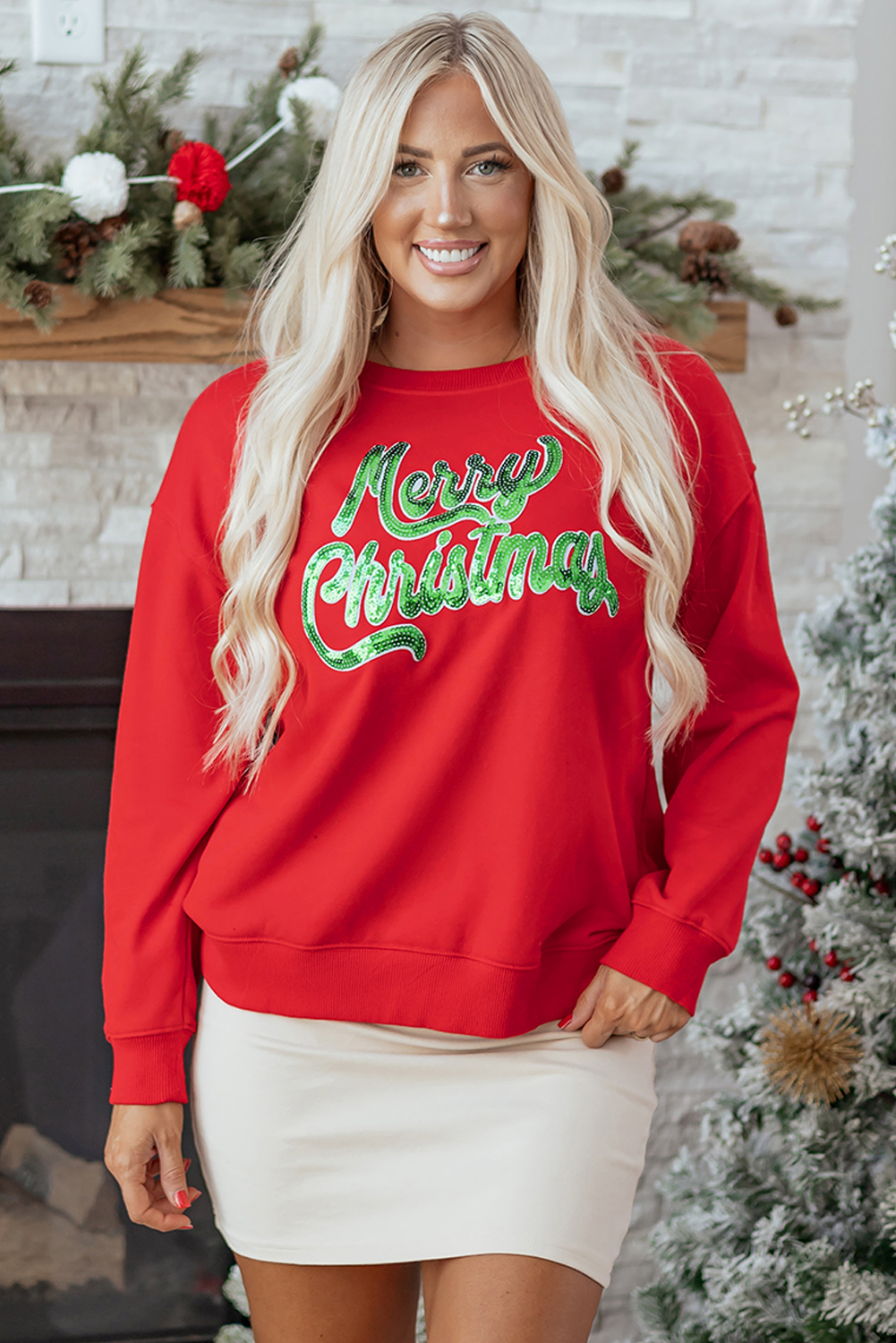 Red Merry Christmas Crewneck Drop Shoulder Loose Sweatshirt - loveforevers