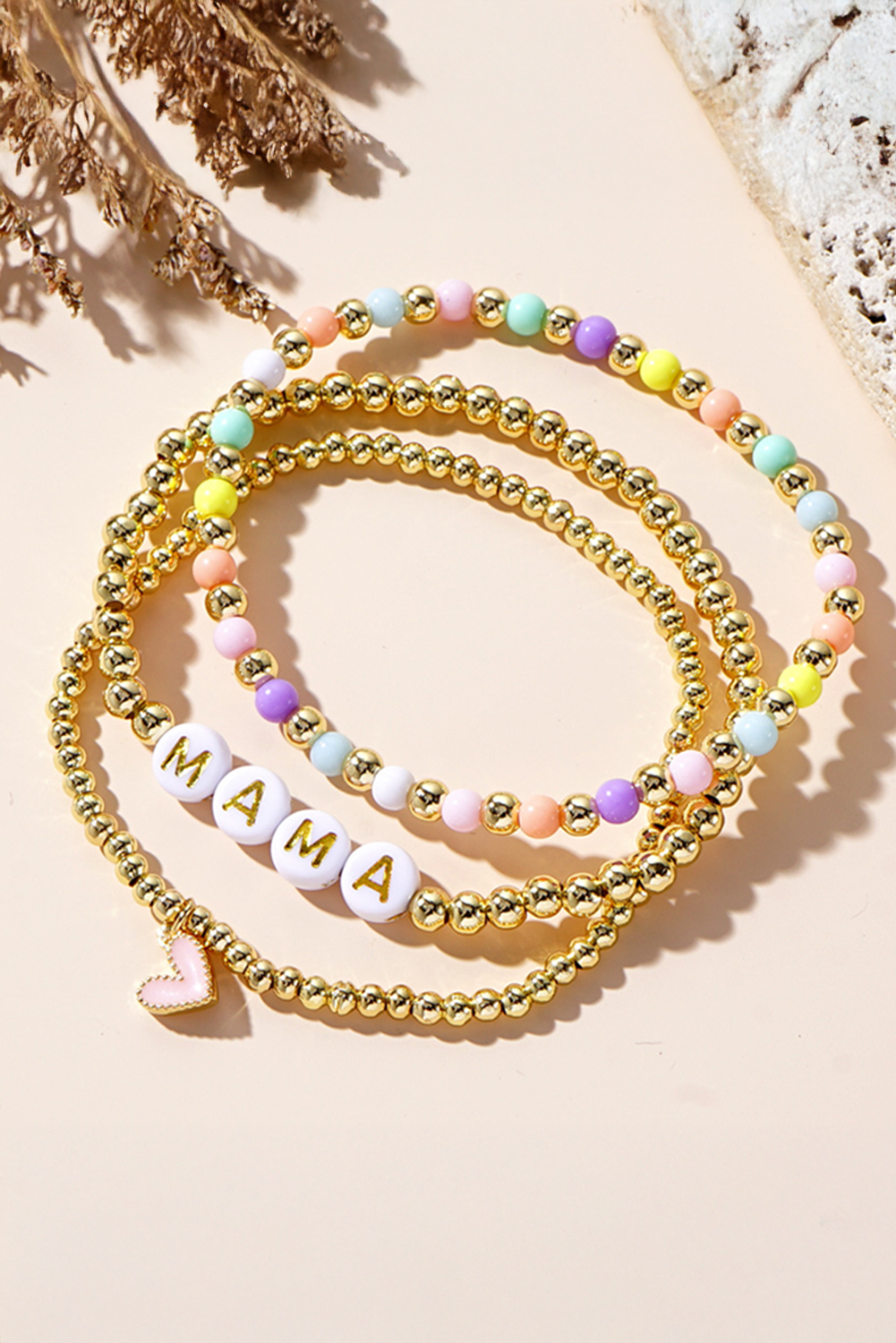 Gold MAMA Heart Beaded Multi Layer Stretch Bracelet - loveforevers