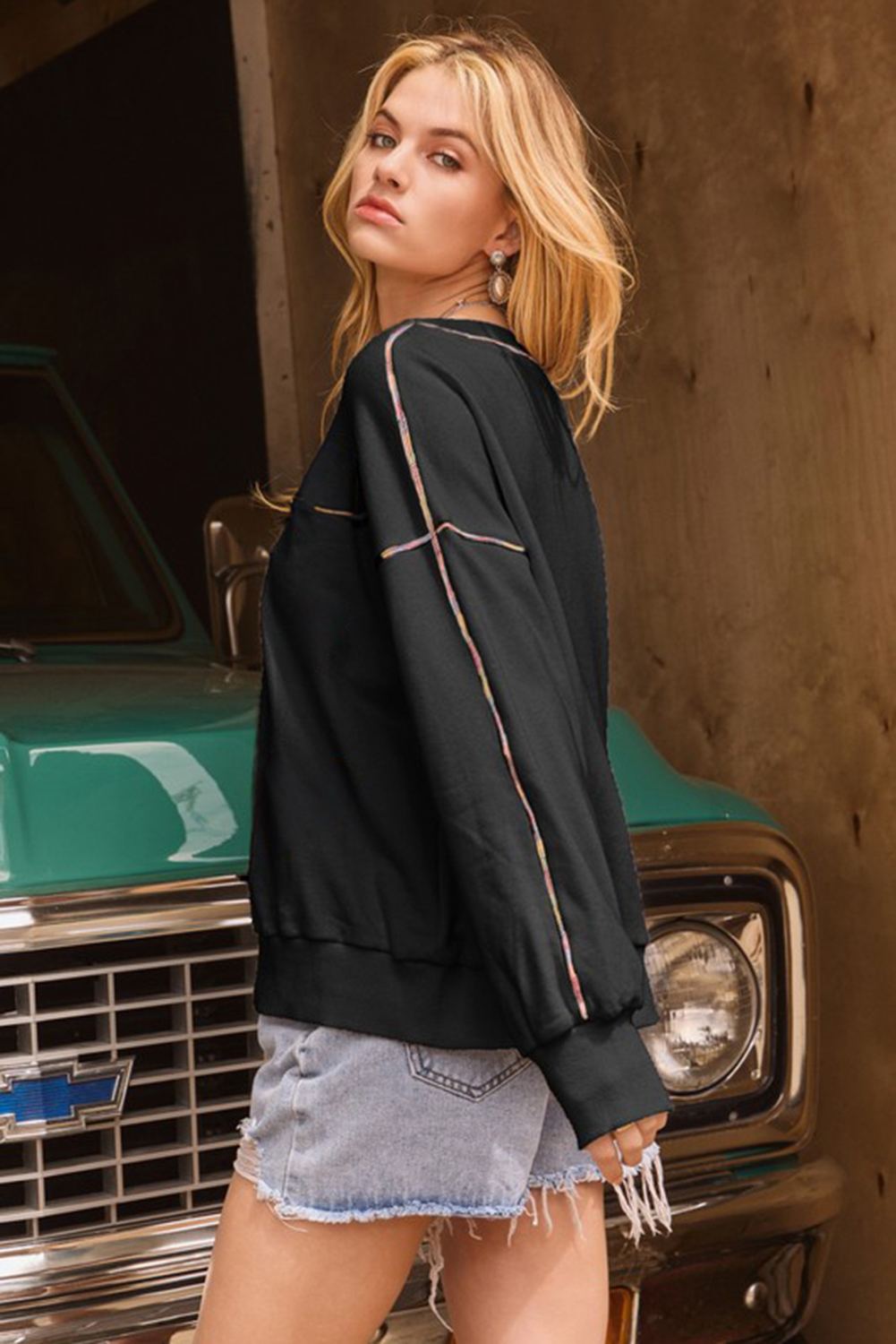 Black Contrast Rainbow Trim Drop Shoulder Pullover Sweatshirt - loveforevers