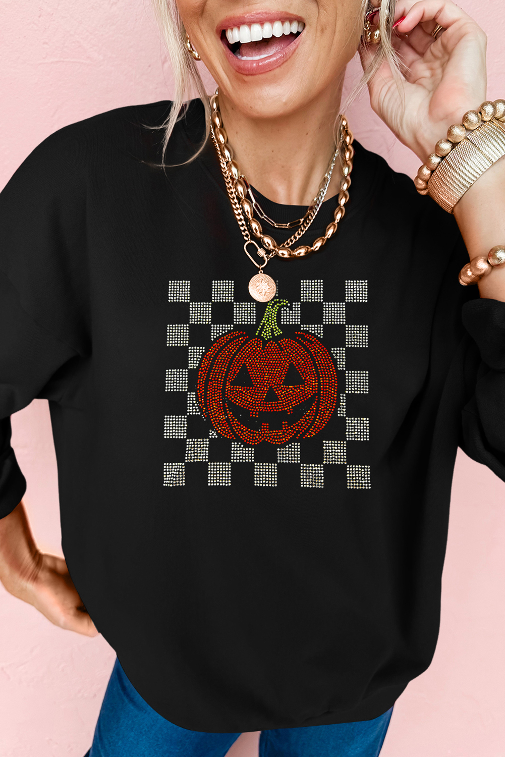 Black Rhinestone Jack-o-lantern Checkered Graphic Halloween Sweatshirt - loveforevers