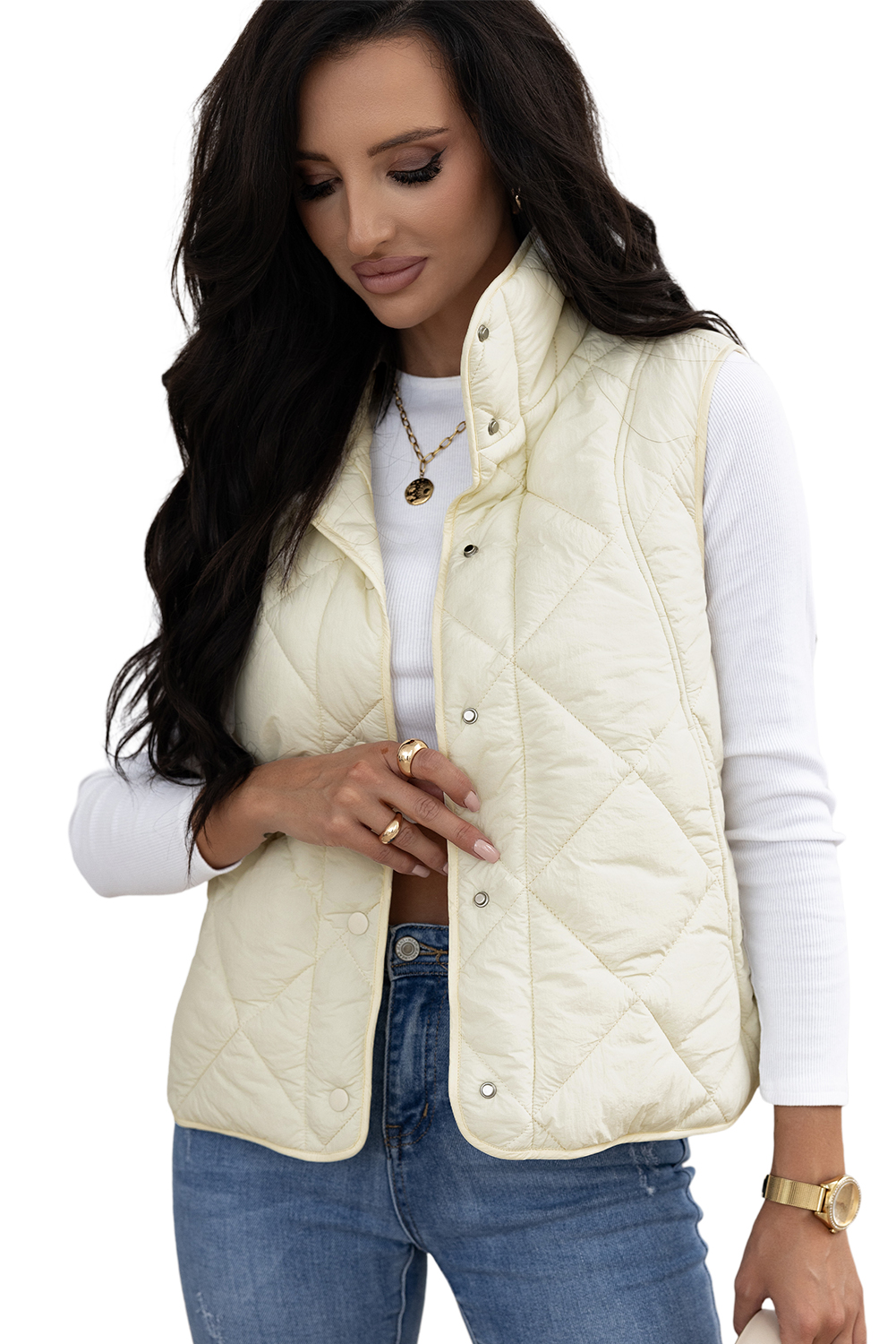 Beige Quilted High Neck Button Up Pocket Vest Coat - loveforevers