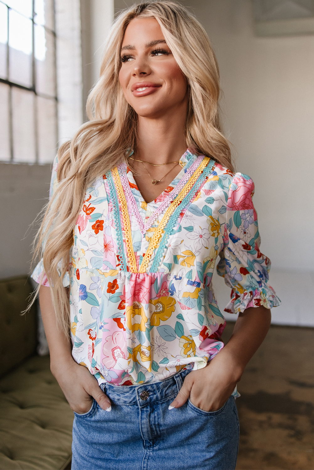 Pink Boho Flower Print Half Puff Sleeve Blouse - loveforevers