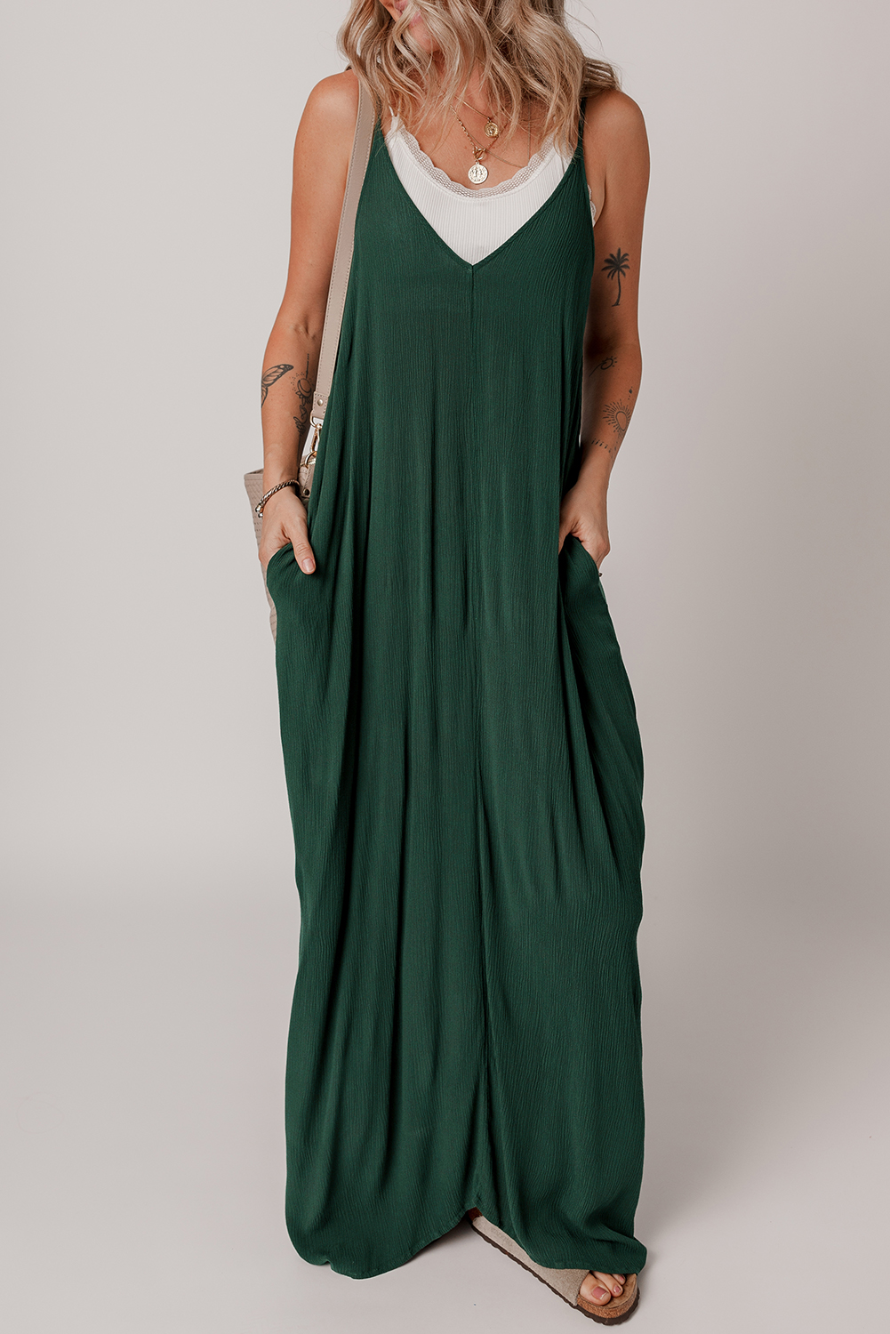 Duffel Green Spaghetti Straps Pocketed Slouchy Maxi Dress - loveforevers