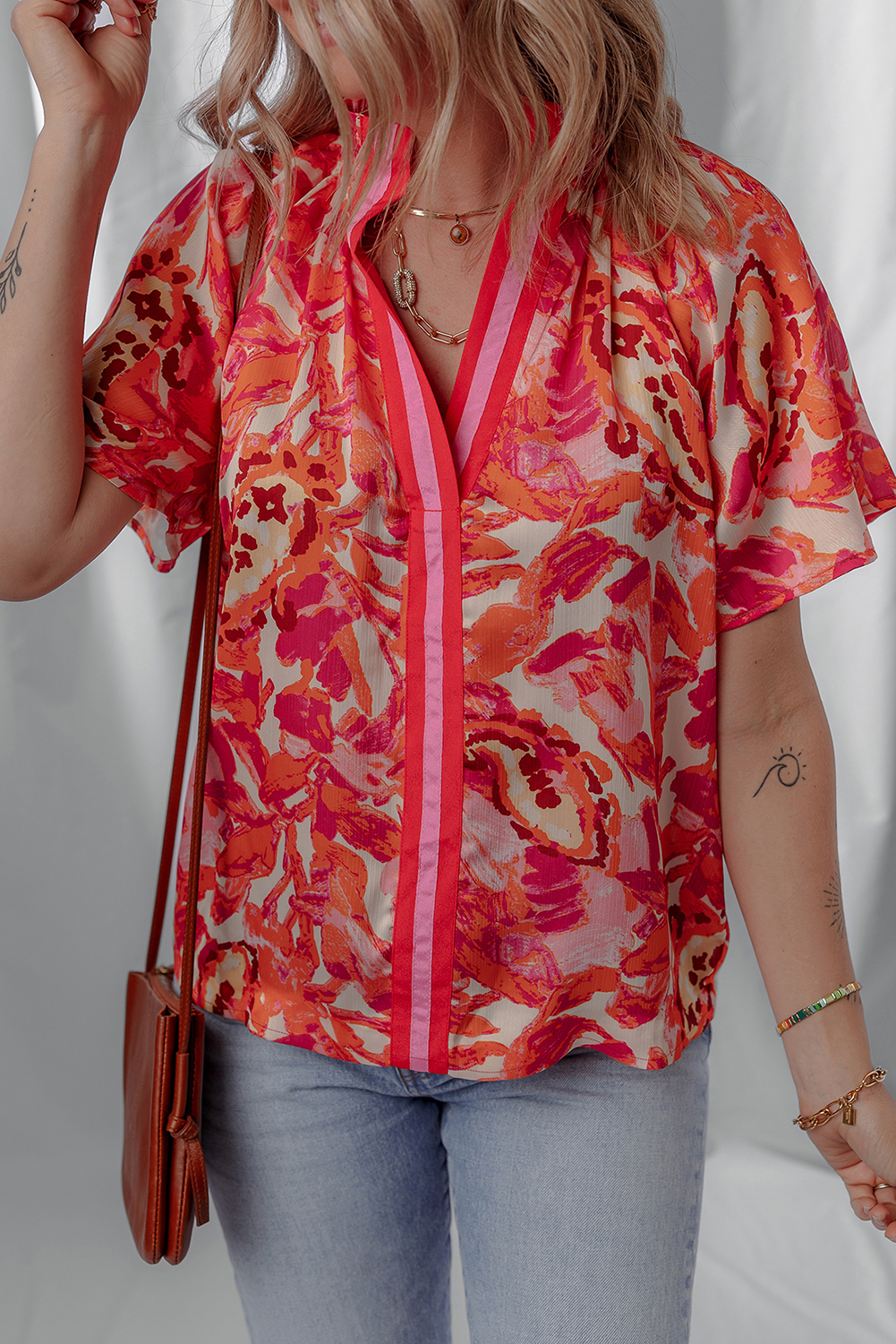 Rose Abstract Print Striped Trim Split Neck Blouse - loveforevers