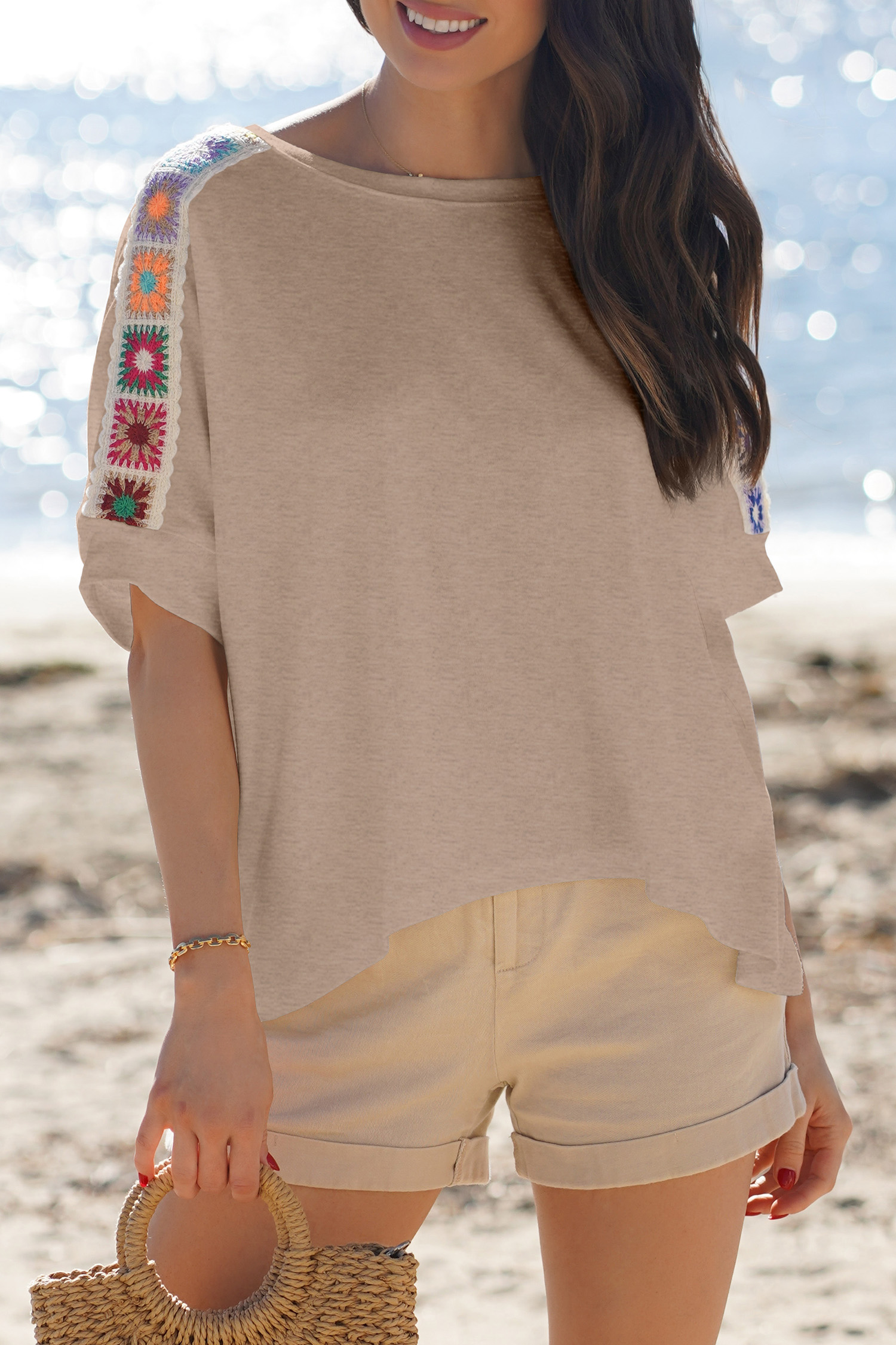 Light Grey Granny Square Crochet Detail Loose T Shirt - loveforevers