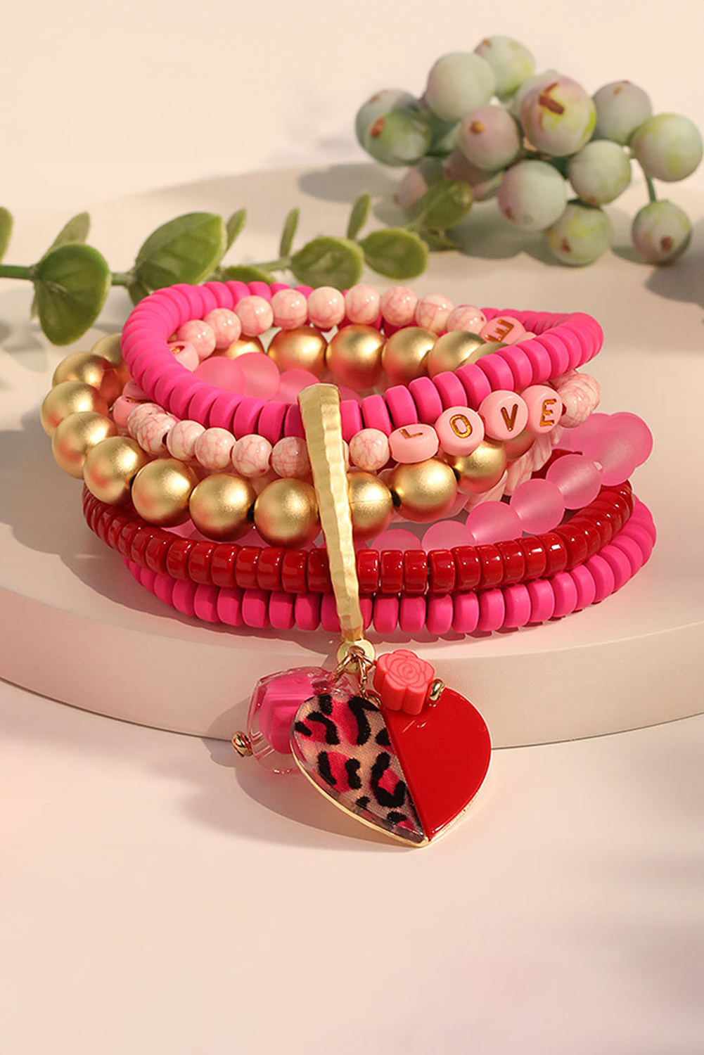 Rose Red Multi Beaded Stack Bracelet with Leopard Heart Charm - loveforevers