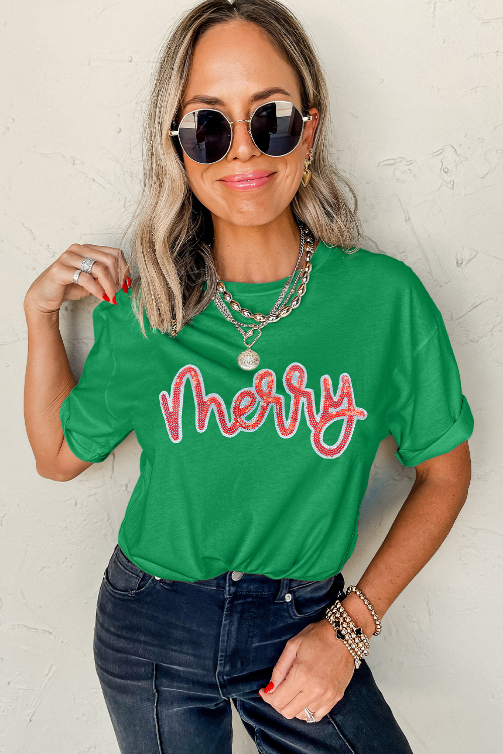 Bright Green merry Sequin Letter Graphic Cotton Blend Tee - loveforevers